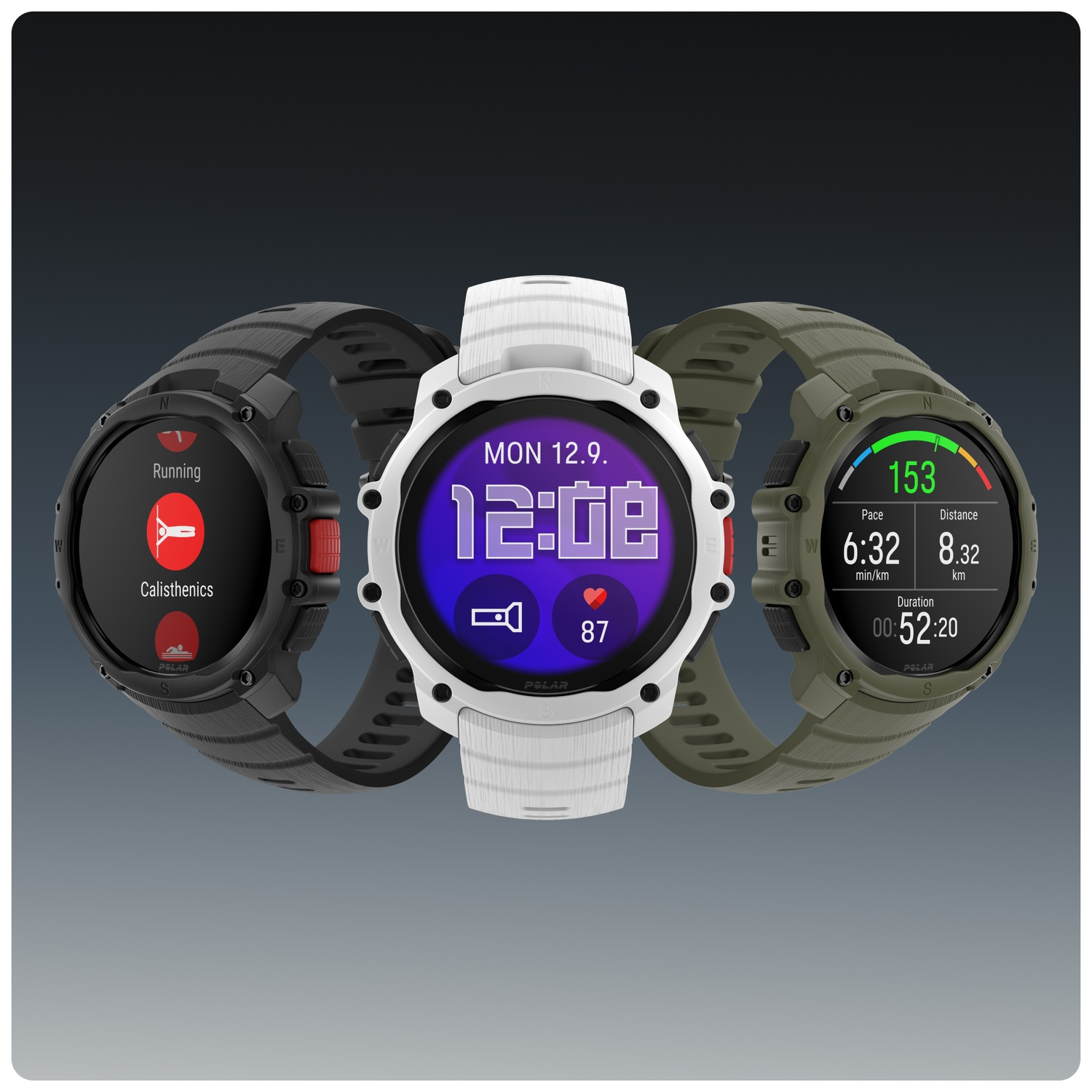Three Polar watches in black, white, and khaki. The left shows Running and Calisthenics.