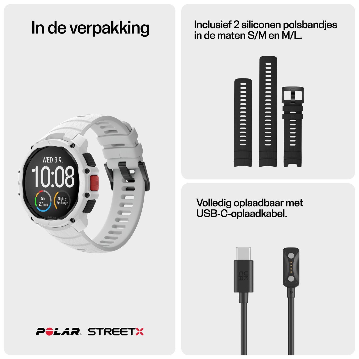 A white Polar smartwatch with black straps and charging cables shown.