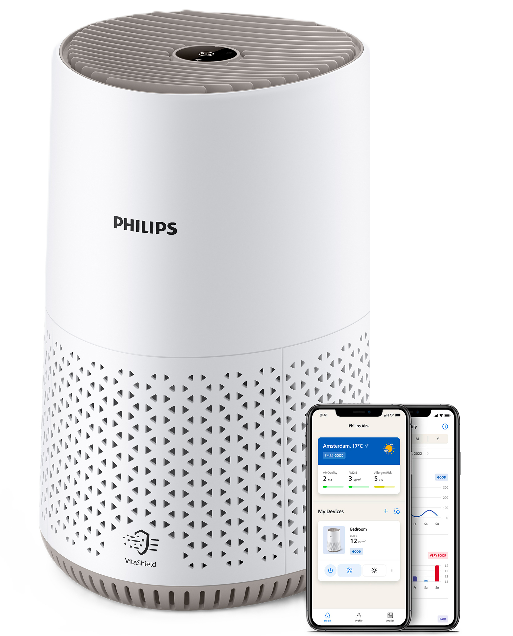 Ein weißer Philips Luftreiniger mit grauen Lamellen und zwei Smartphones, die eine App zeigen.