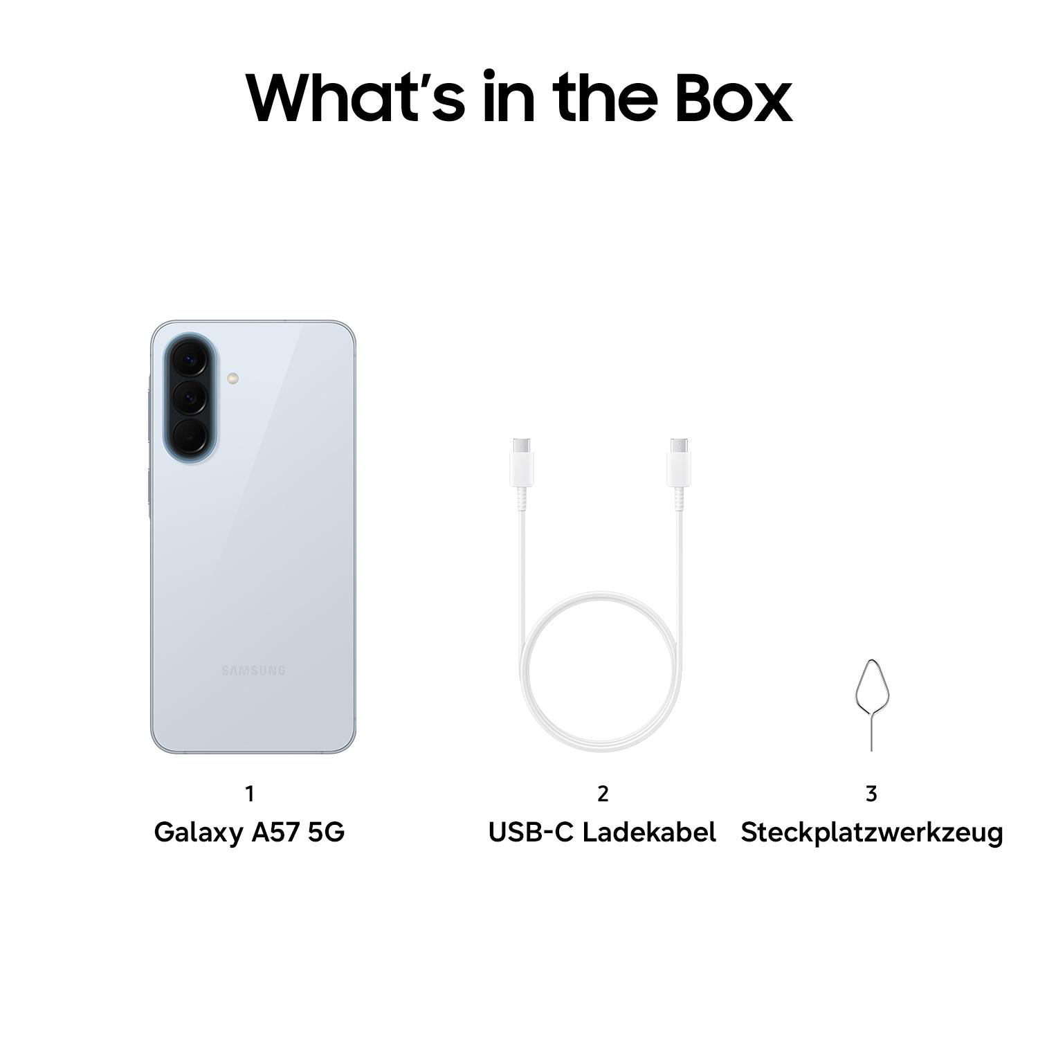 Ein graues Samsung Galaxy A57 5G, USB-C Kabel und SIM-Werkzeug.