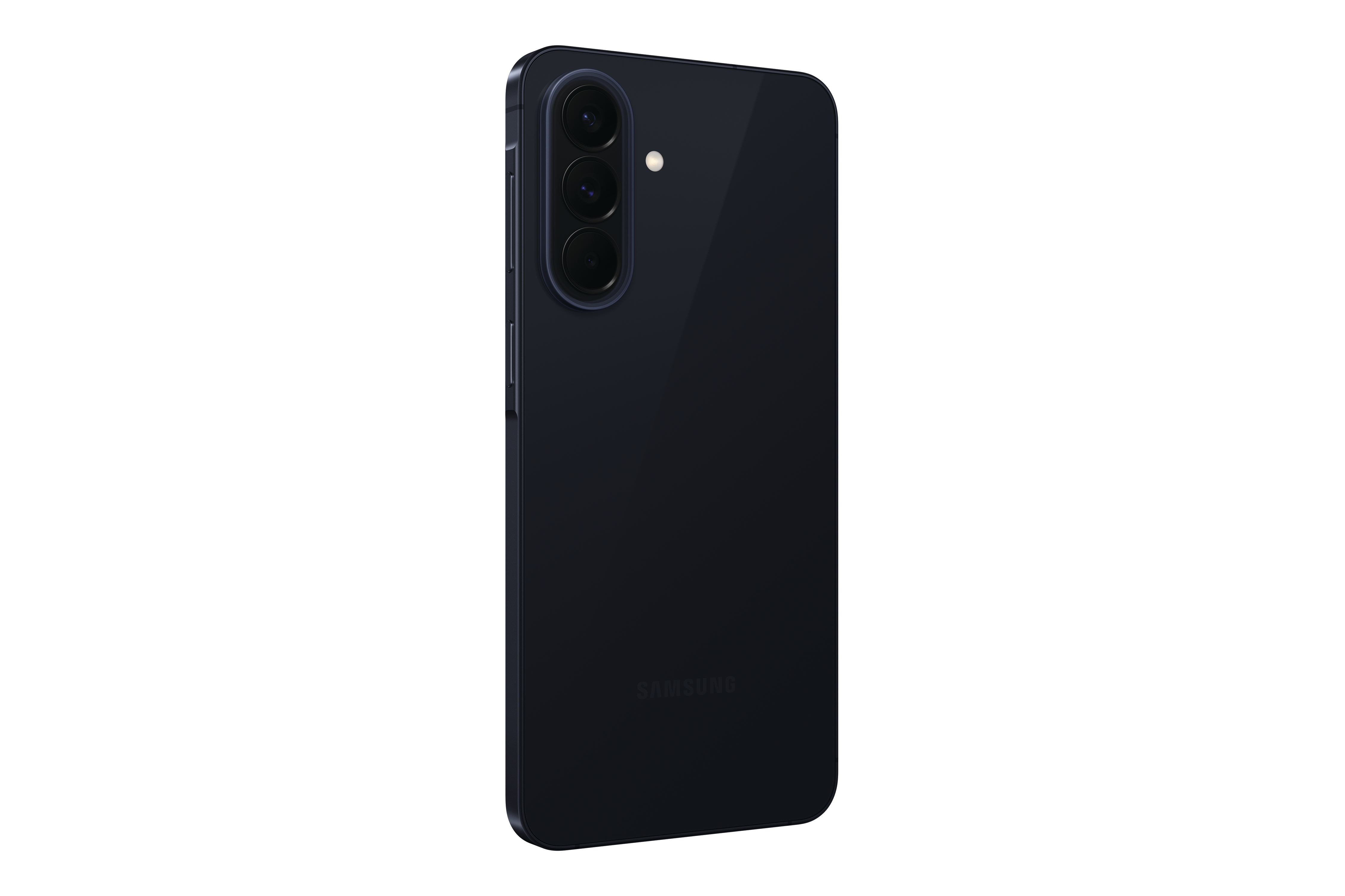 Dunkelblaues Smartphone von Samsung, Rückseite mit drei Kameralinsen und Blitz.