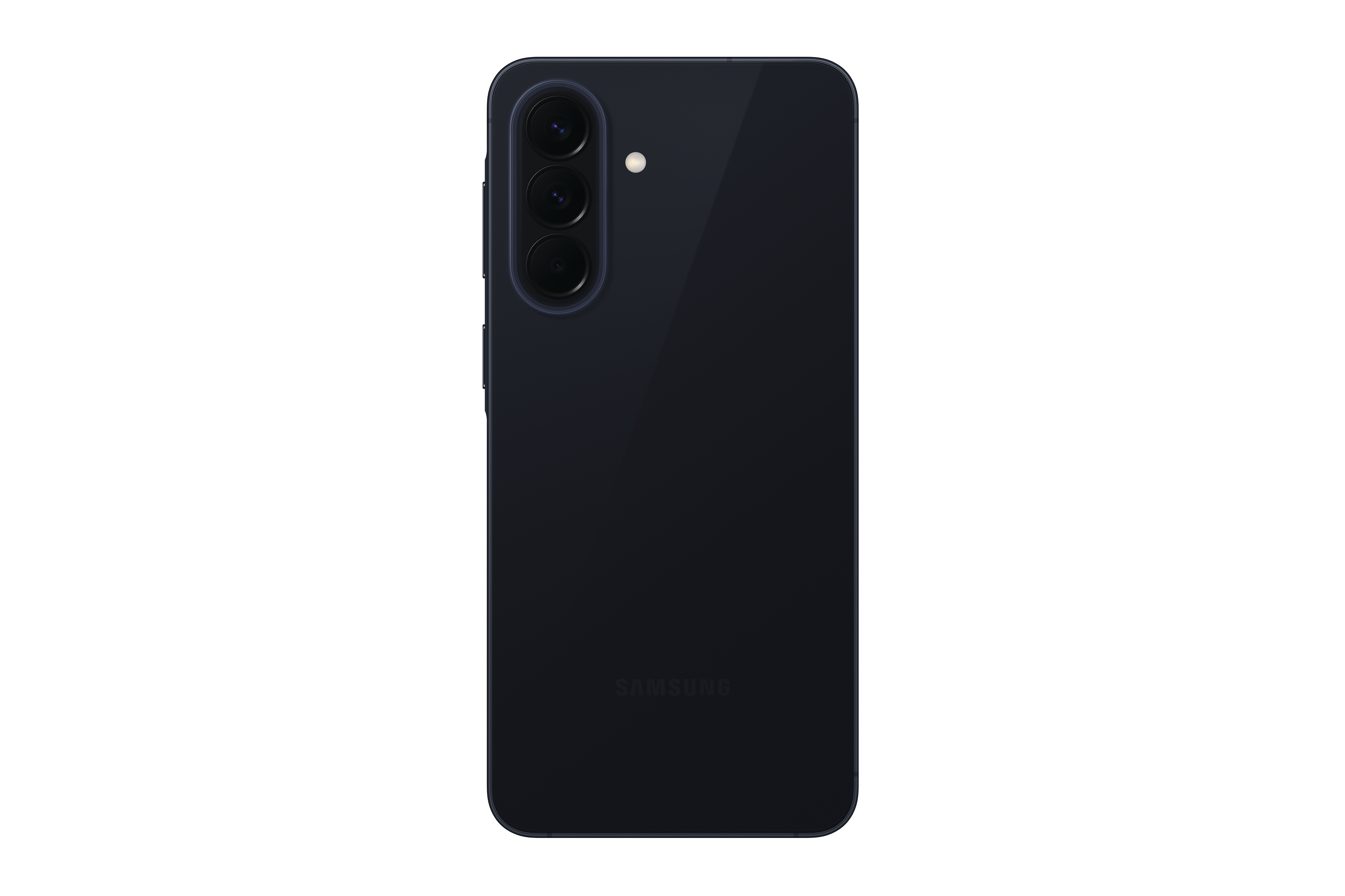 Dunkelblaues Smartphone mit drei Kameras und Blitz auf der Rückseite.