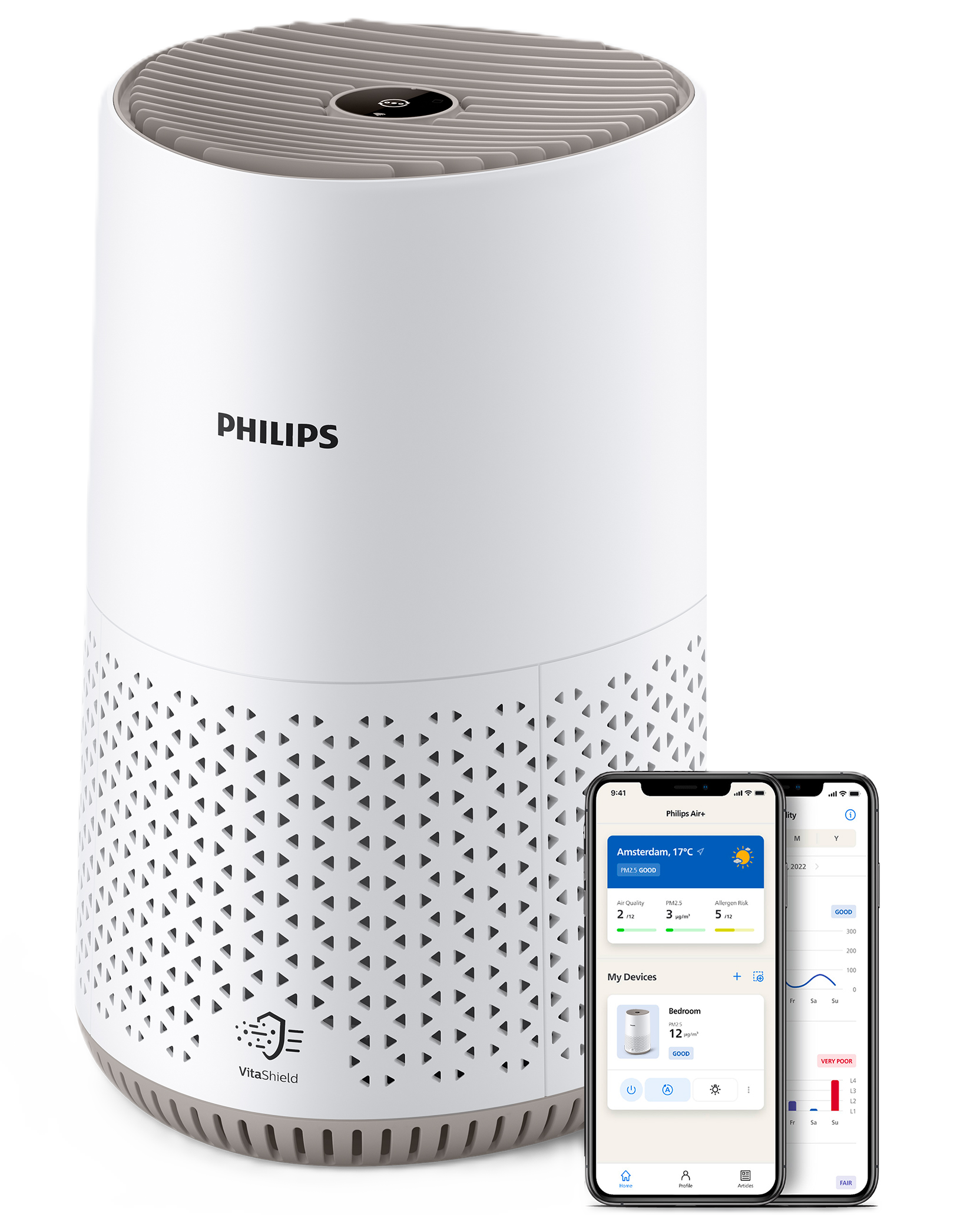Ein weißer Philips Luftreiniger mit zwei Smartphone-Bildschirmen, die die App zeigen.