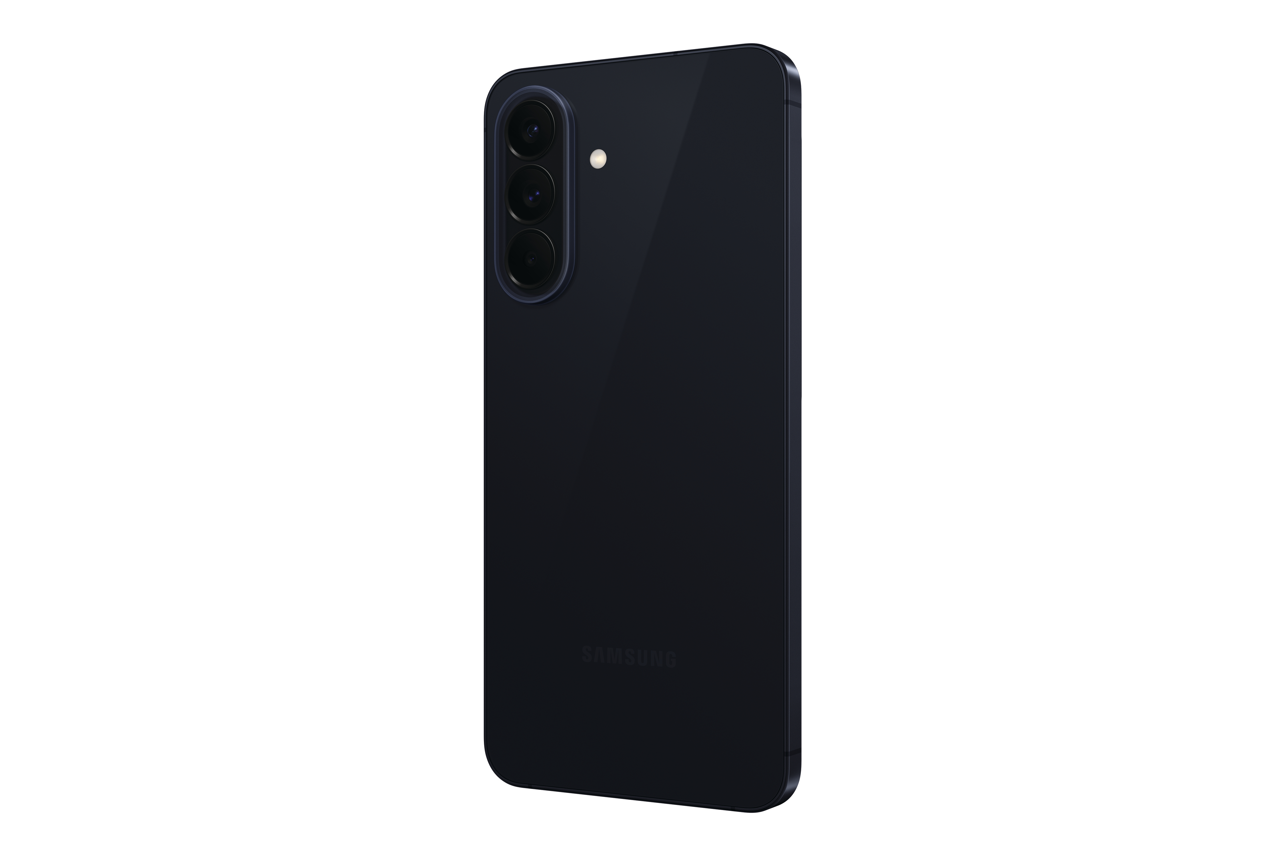 Dunkelblaues Samsung Smartphone mit drei Kameras und Blitz auf der Rückseite.