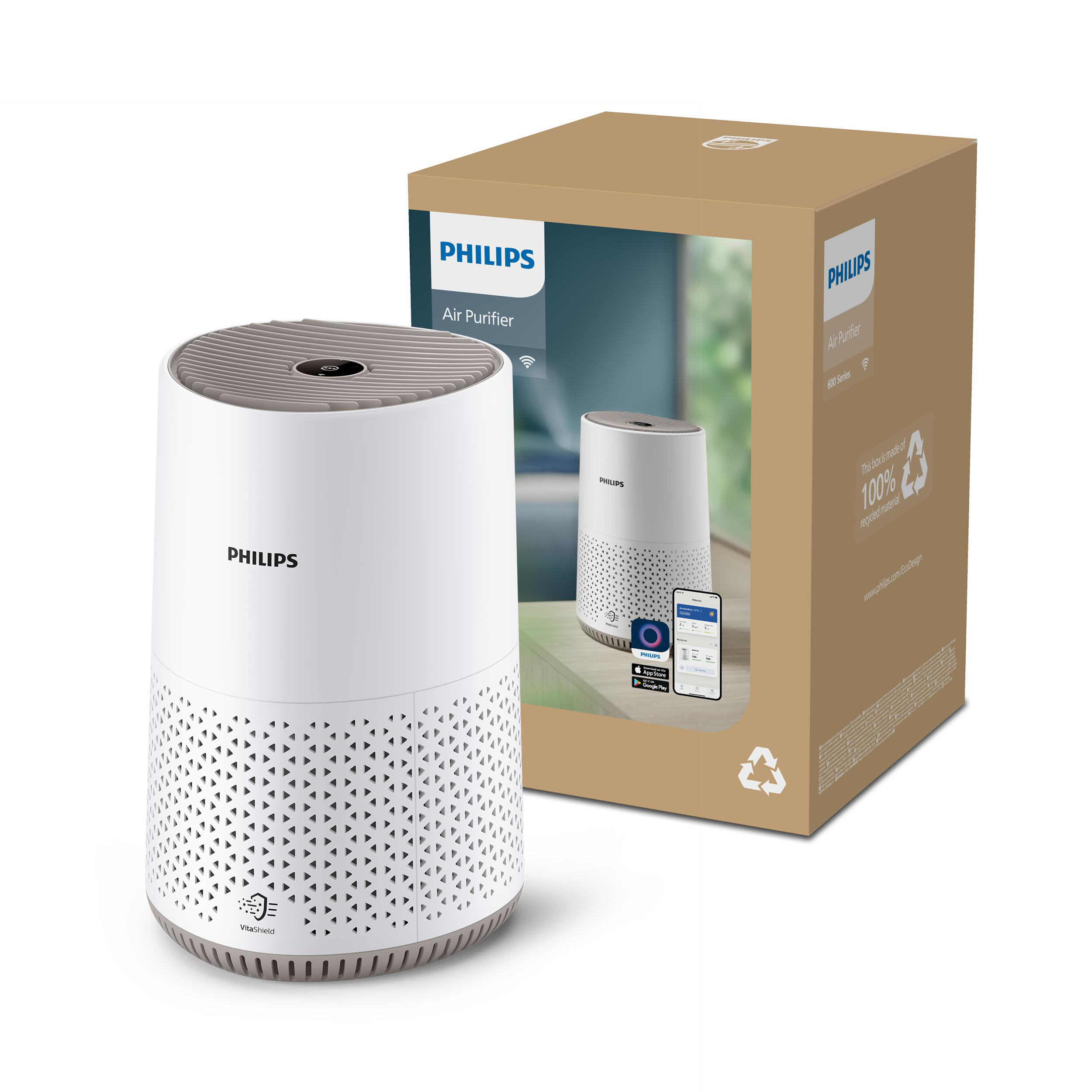 Weier Philips Luftreiniger neben seiner braunen Kartonverpackung.