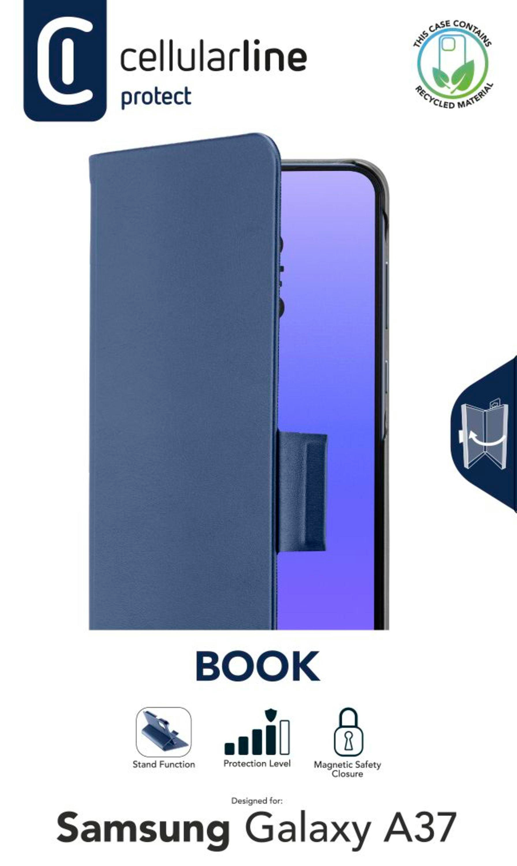 Blaue Handyhülle für Samsung Galaxy A37 mit "Book"-Design.