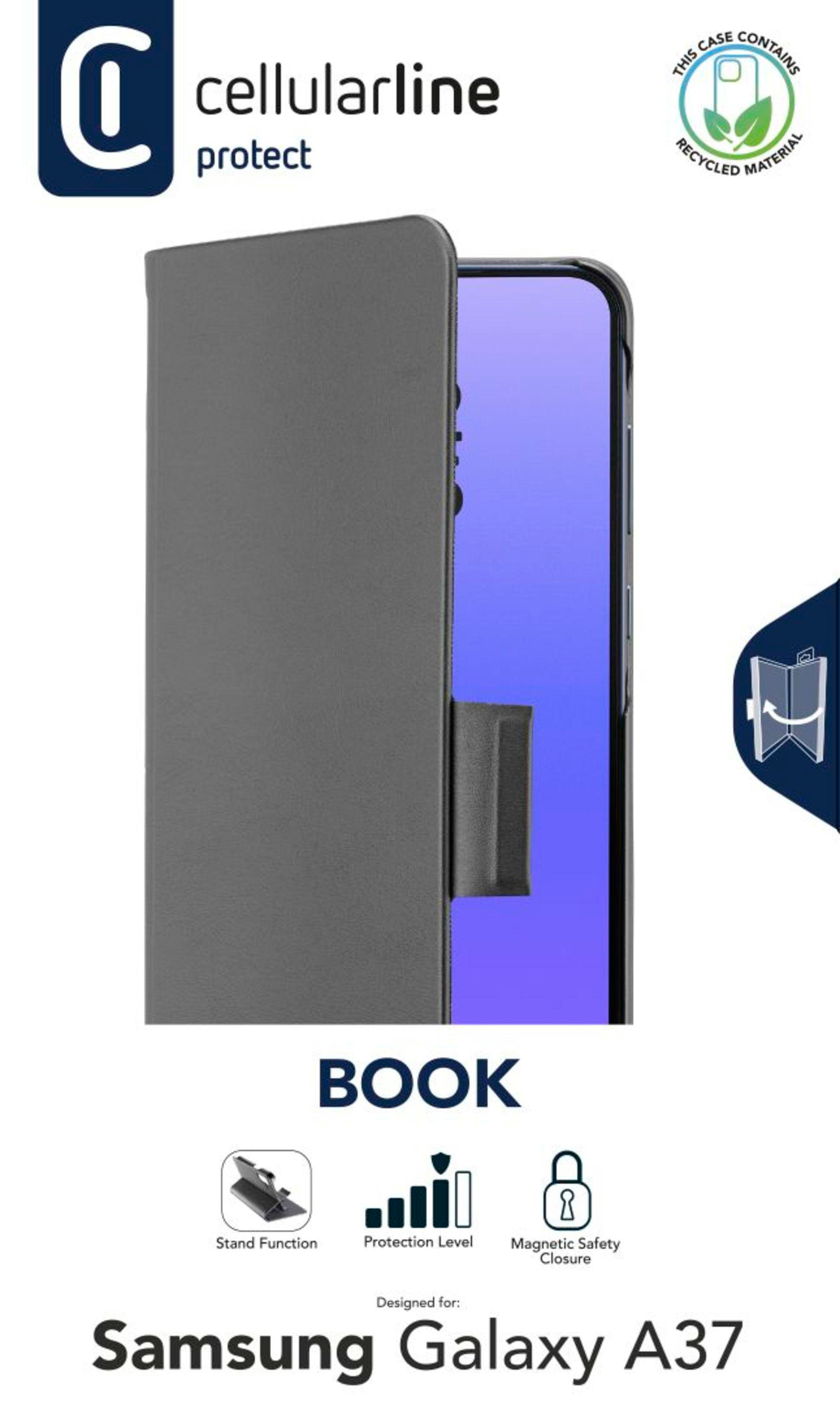 Eine graue Buchhülle für Samsung Galaxy A37 mit Logos.