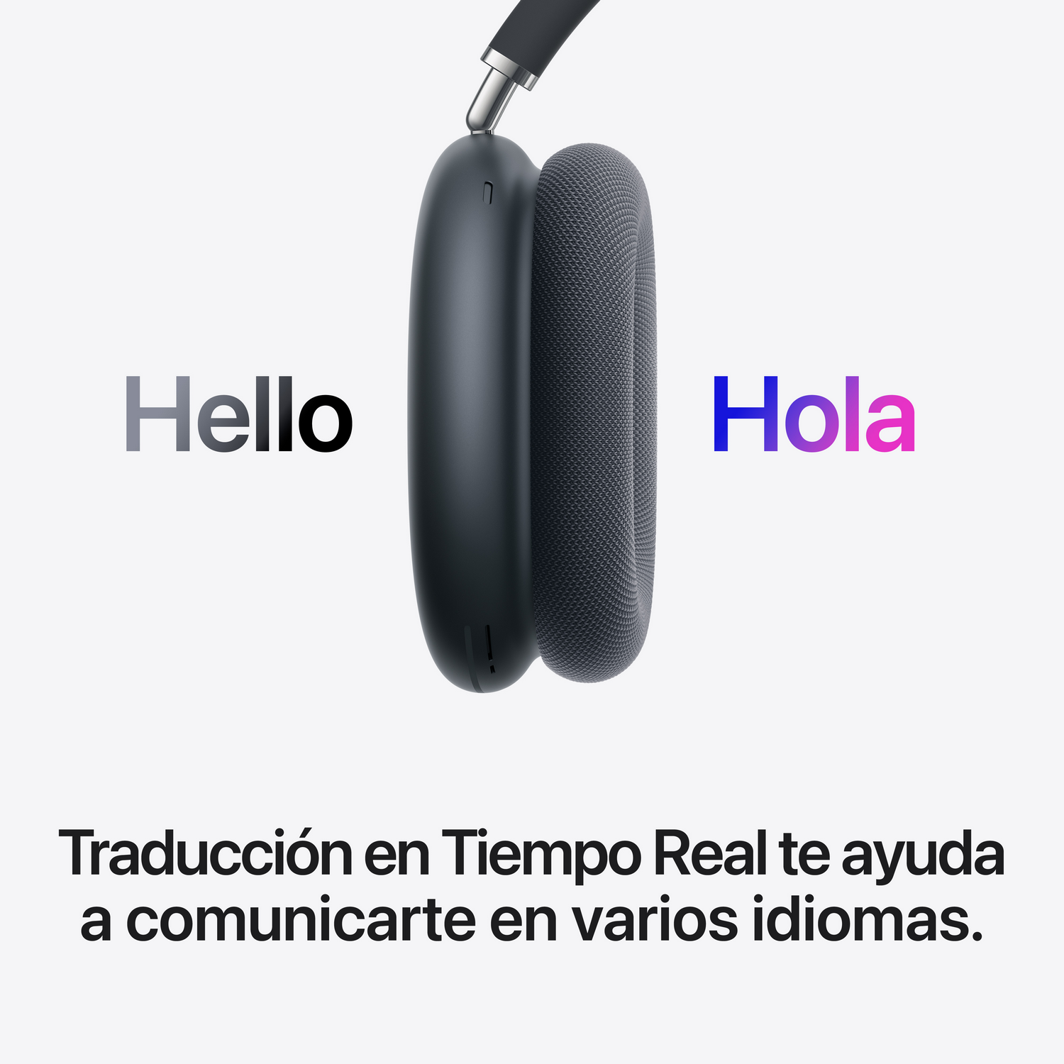 AirPods Max con traducción en Tiempo Real mostrando 'Hello' en gris y 'Hola' en púrpura. Traducción en tiempo real te ayuda a comunicarte en varios idiomas.