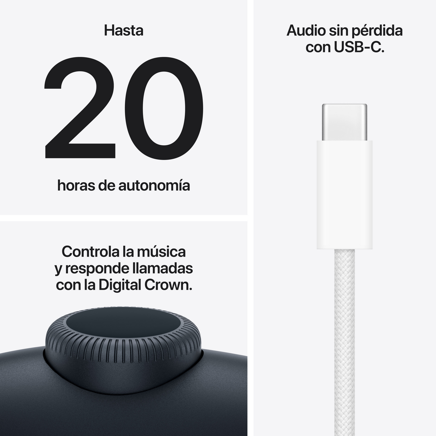 Auricular inalámbrico lavanda con Digital Crown. "Hasta 20 horas de autonomía". "Controla la música y responde llamadas con la Digital Crown". Cable blanco. "Audio sin pérdida con USB-C."