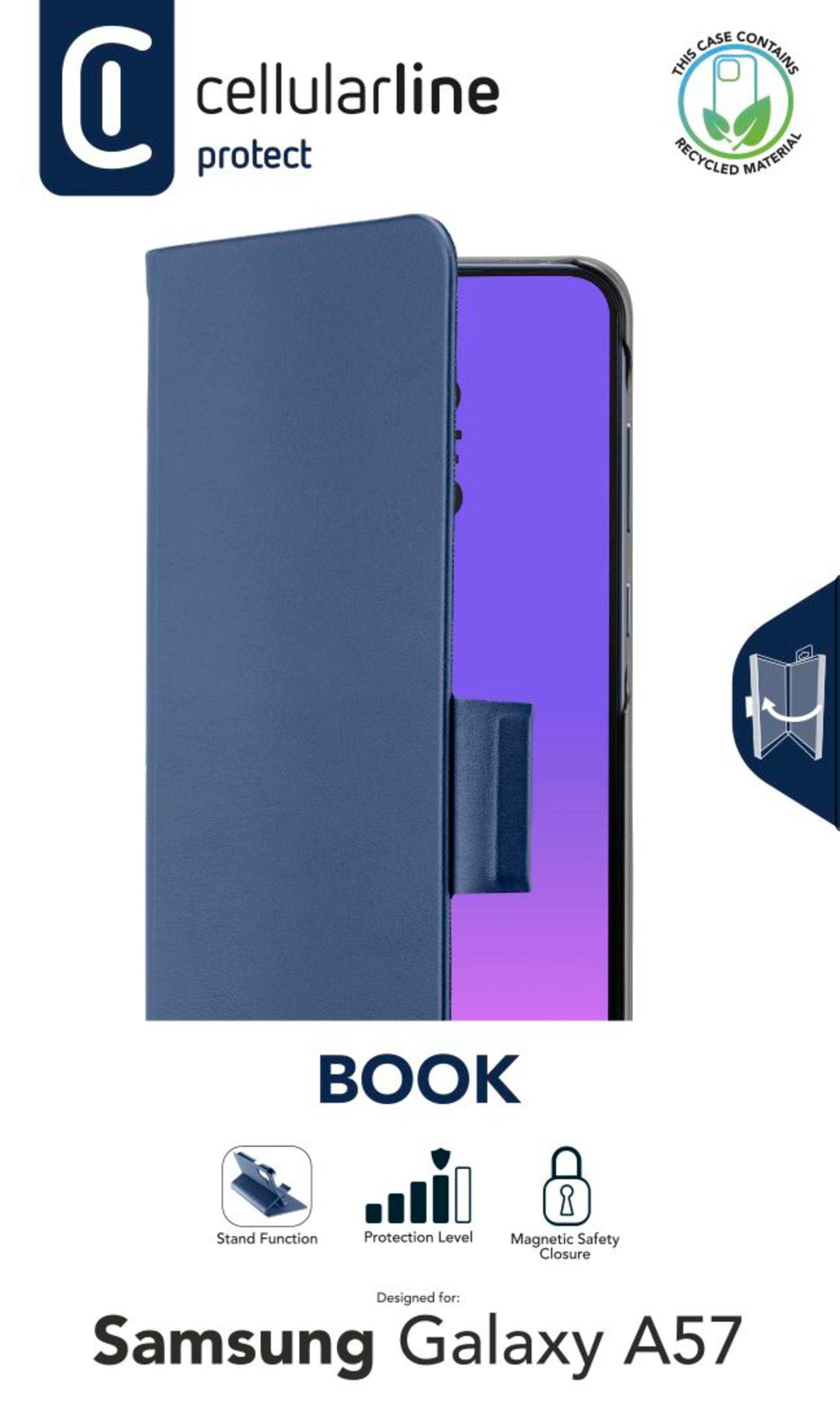 Blaue Handyhülle im Buchstil für Samsung Galaxy A57. Mit Ständer, Schutz, Magnetverschluss.