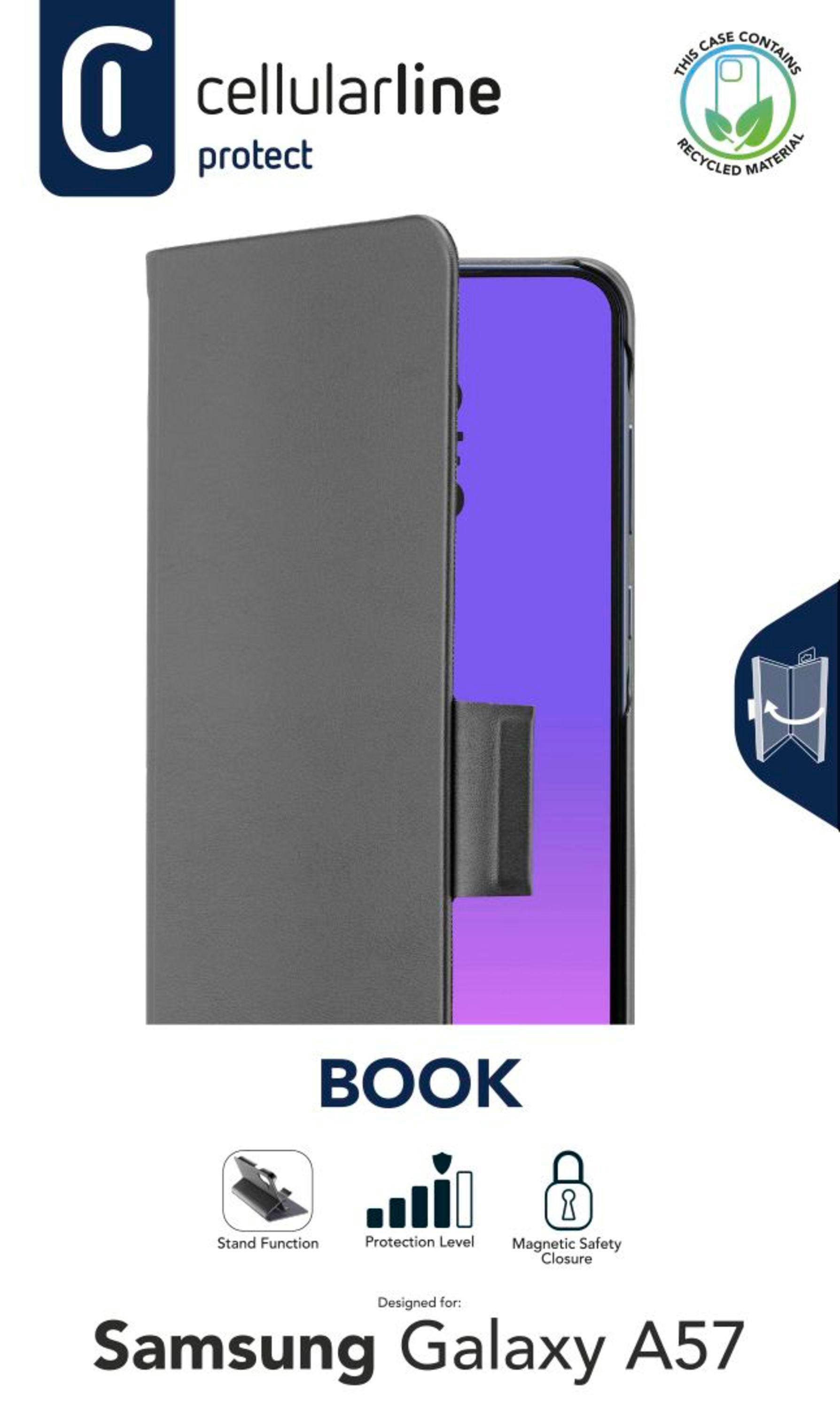 Eine graue Buchhülle für das Samsung Galaxy A57 wird gezeigt.