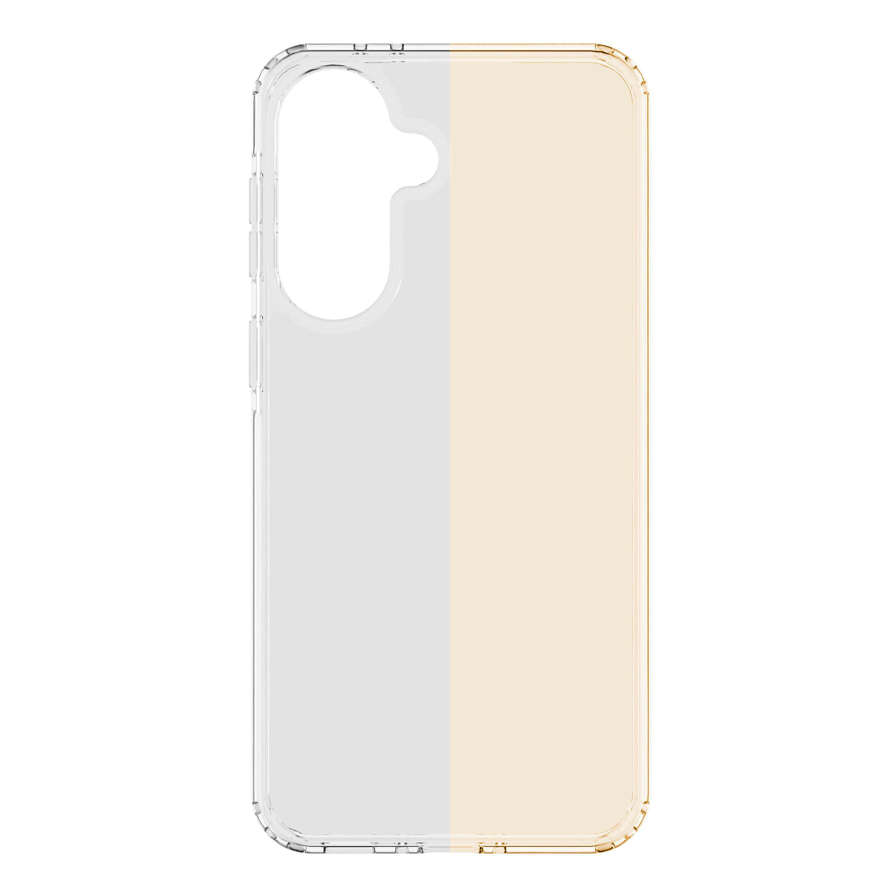 Transparente Handyhülle mit silberner und cremefarbener Seite.