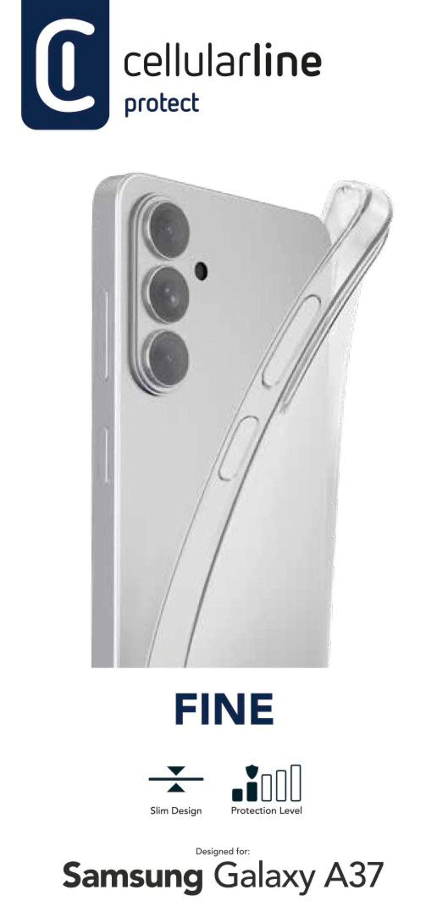 Transparente Handyhülle auf einem Samsung Galaxy A37. Cellularline Protect Logo.