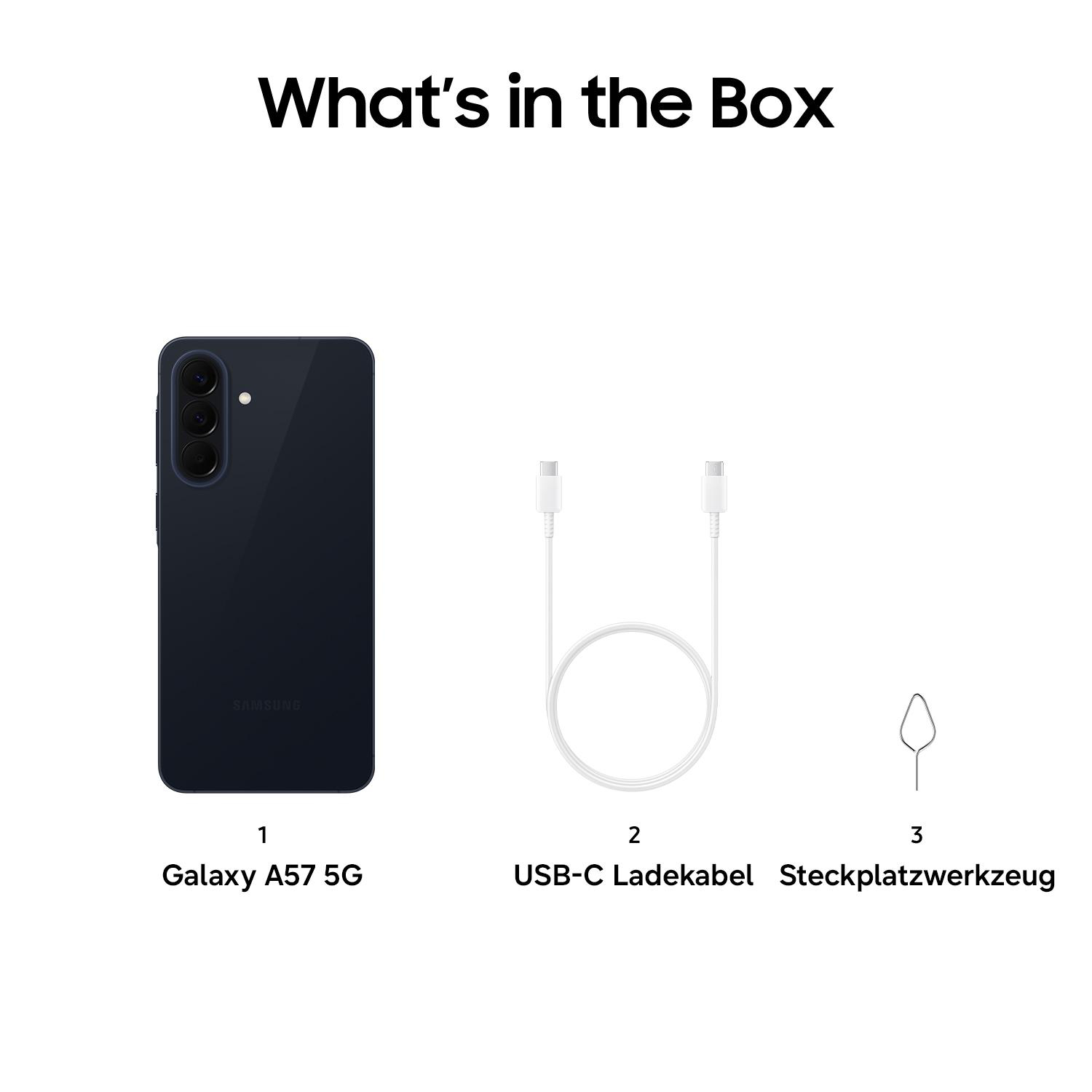 Samsung Galaxy A57 5G, USB-C Kabel und SIM-Werkzeug.