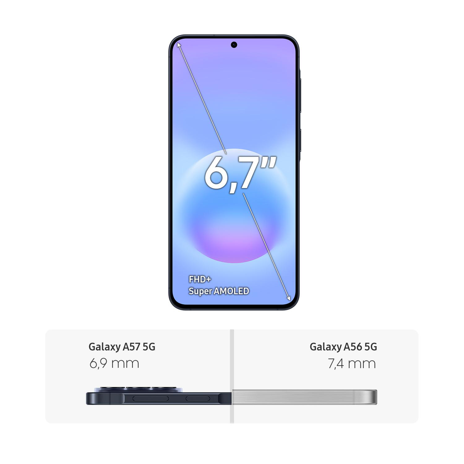 Ein Smartphone mit 6,7 Zoll FHD+ Super AMOLED Display, daneben zwei Modelle 6,9 mm und 7,4 mm.
