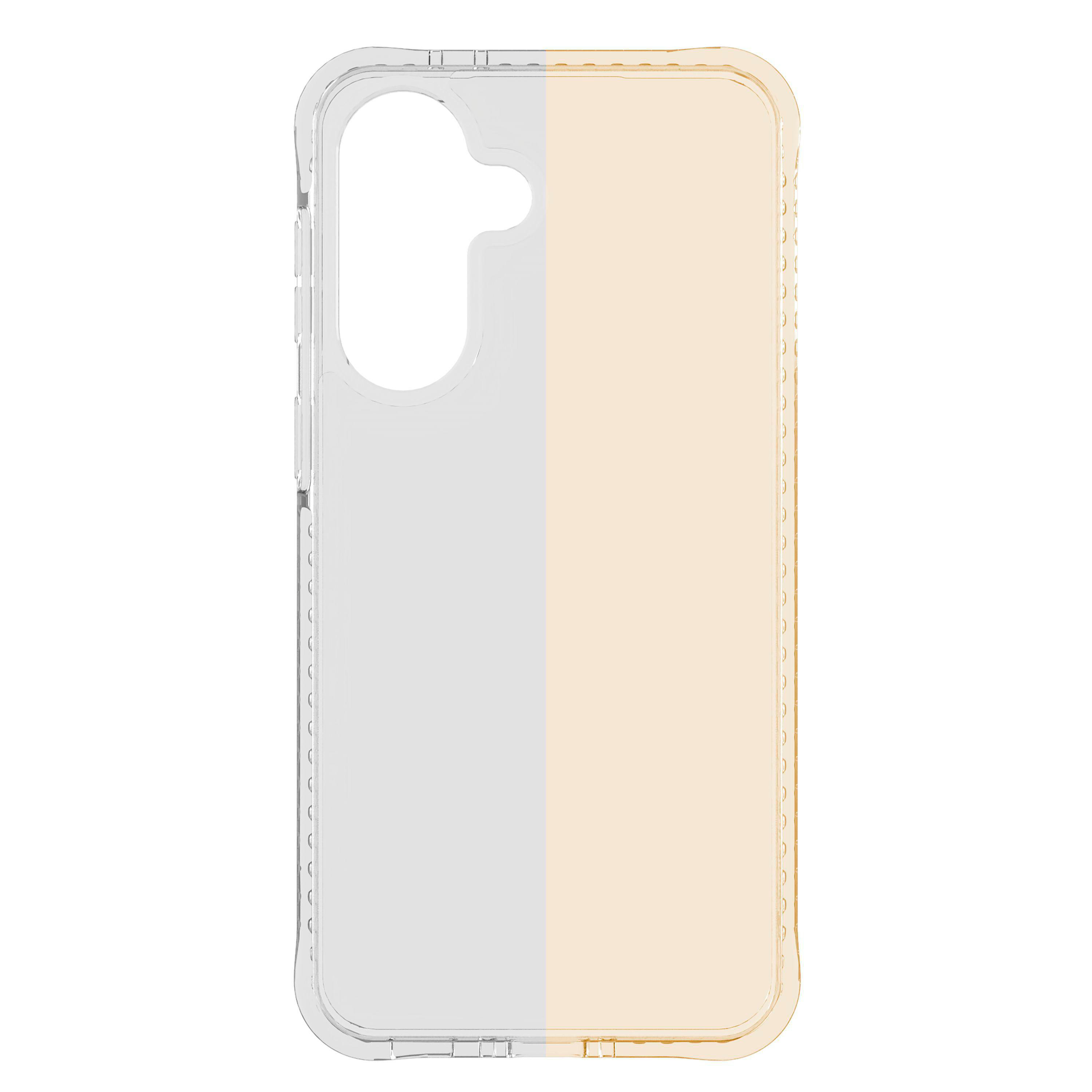 Transparente Hülle mit zweifarbigem Design, links grau, rechts beige.