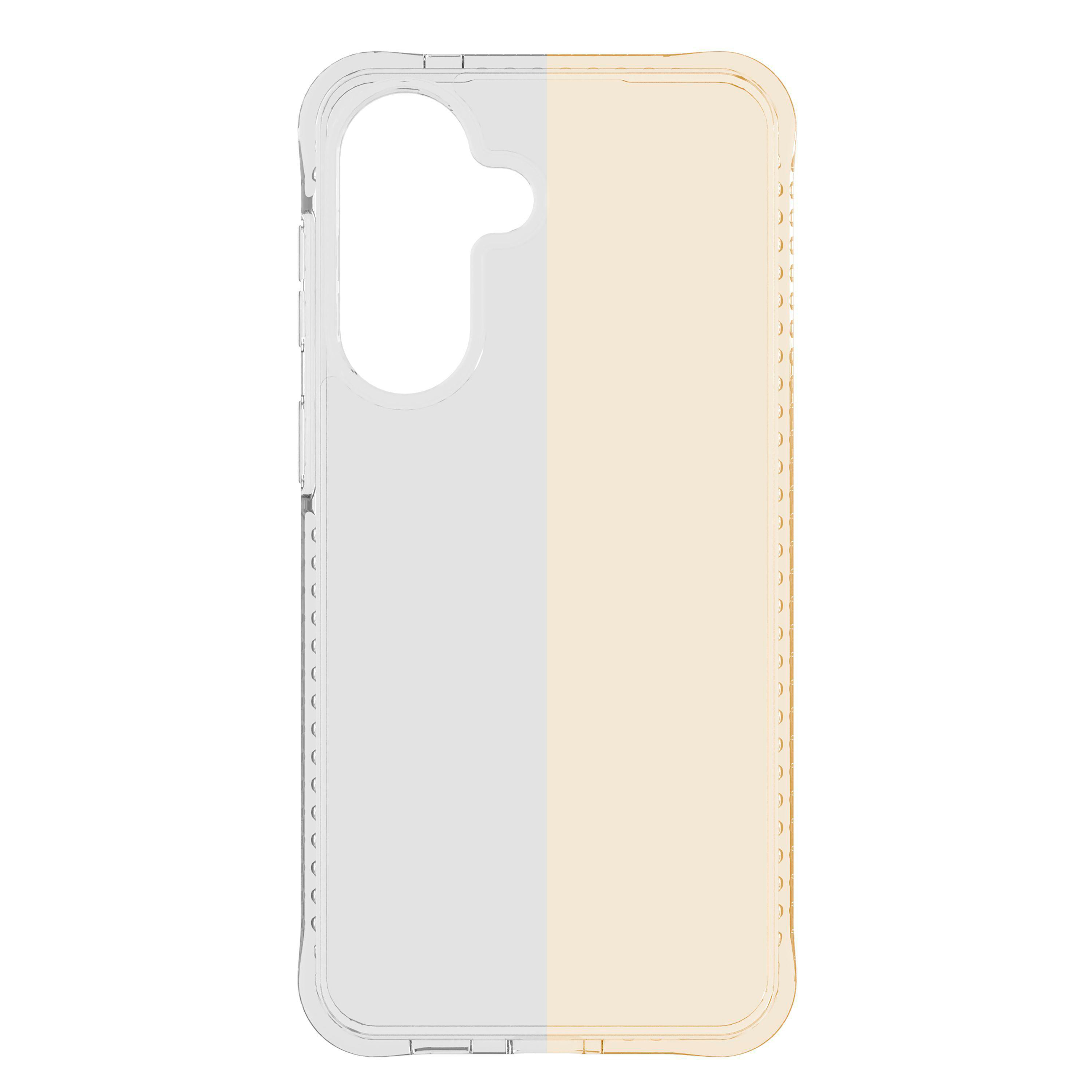 Transparente Handyhülle, links grau, rechts beige, mit Kameraaussparung.