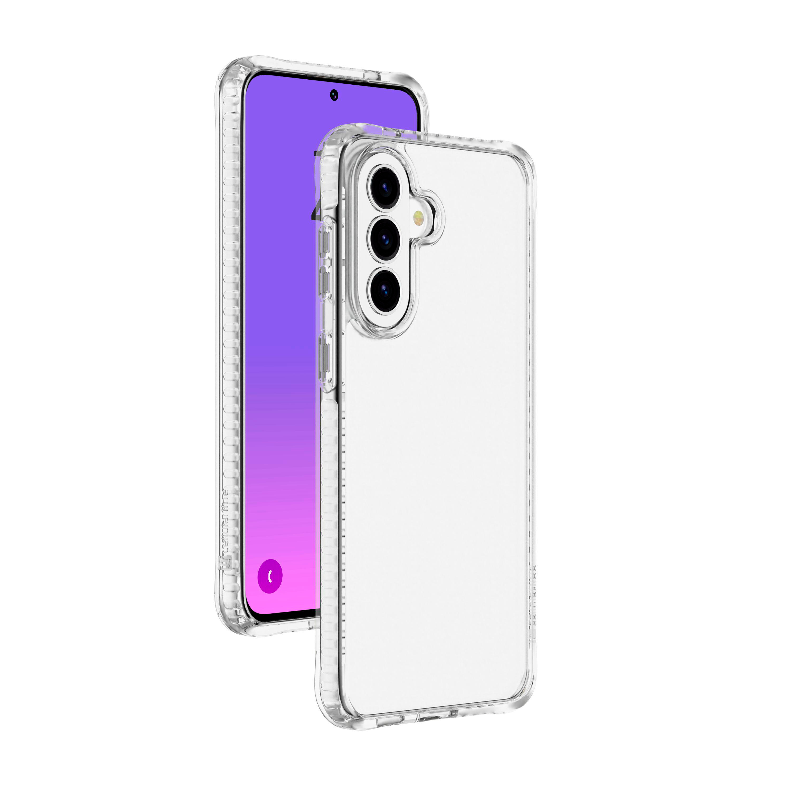 Ein durchsichtiger Handyhülle mit einem Smartphone mit violettem Bildschirm.