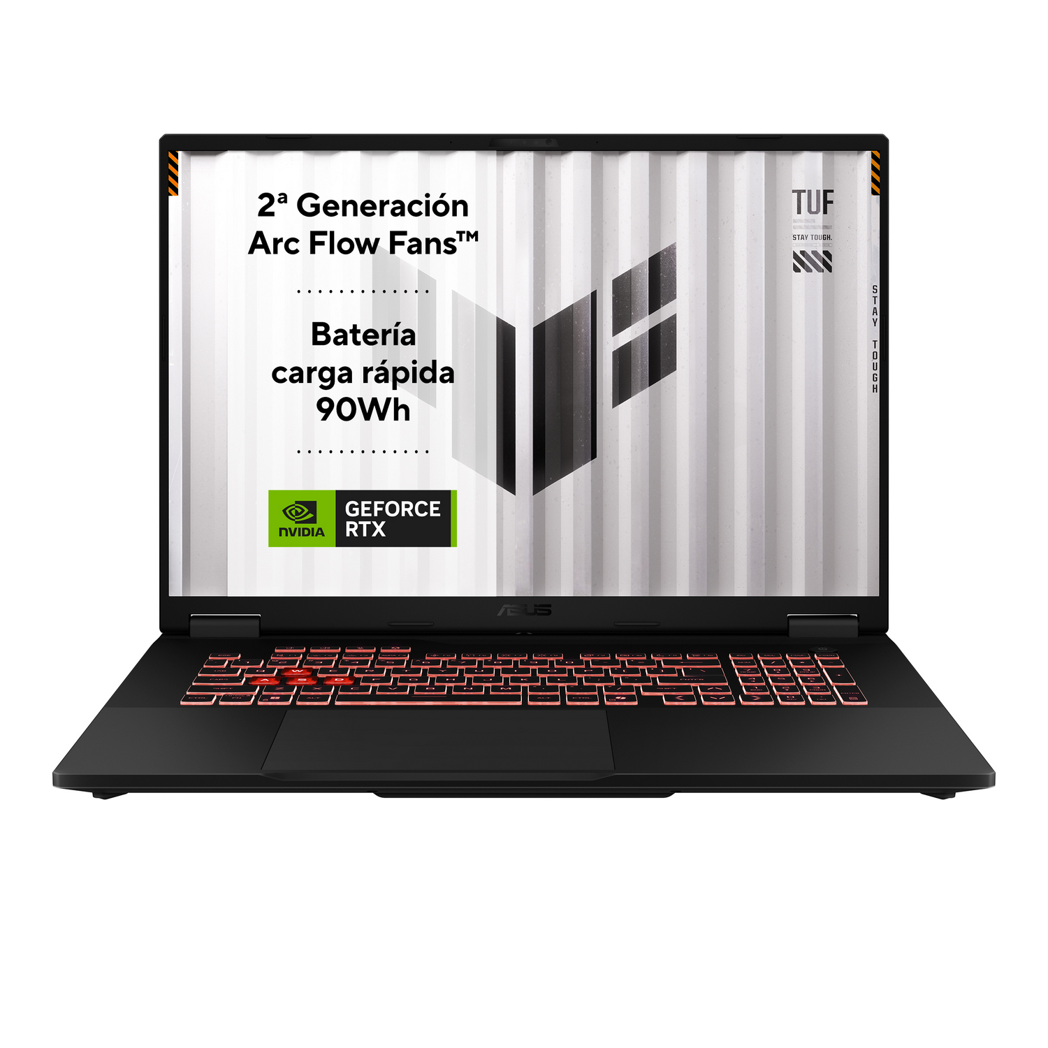 Portátil negro con teclado iluminado y logo 'TUF' en pantalla.