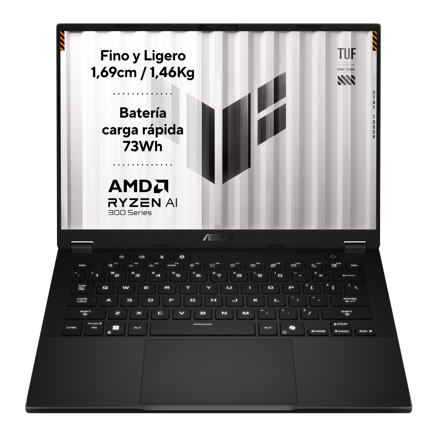 Un portátil negro con pantalla iluminada mostrando especificaciones: 