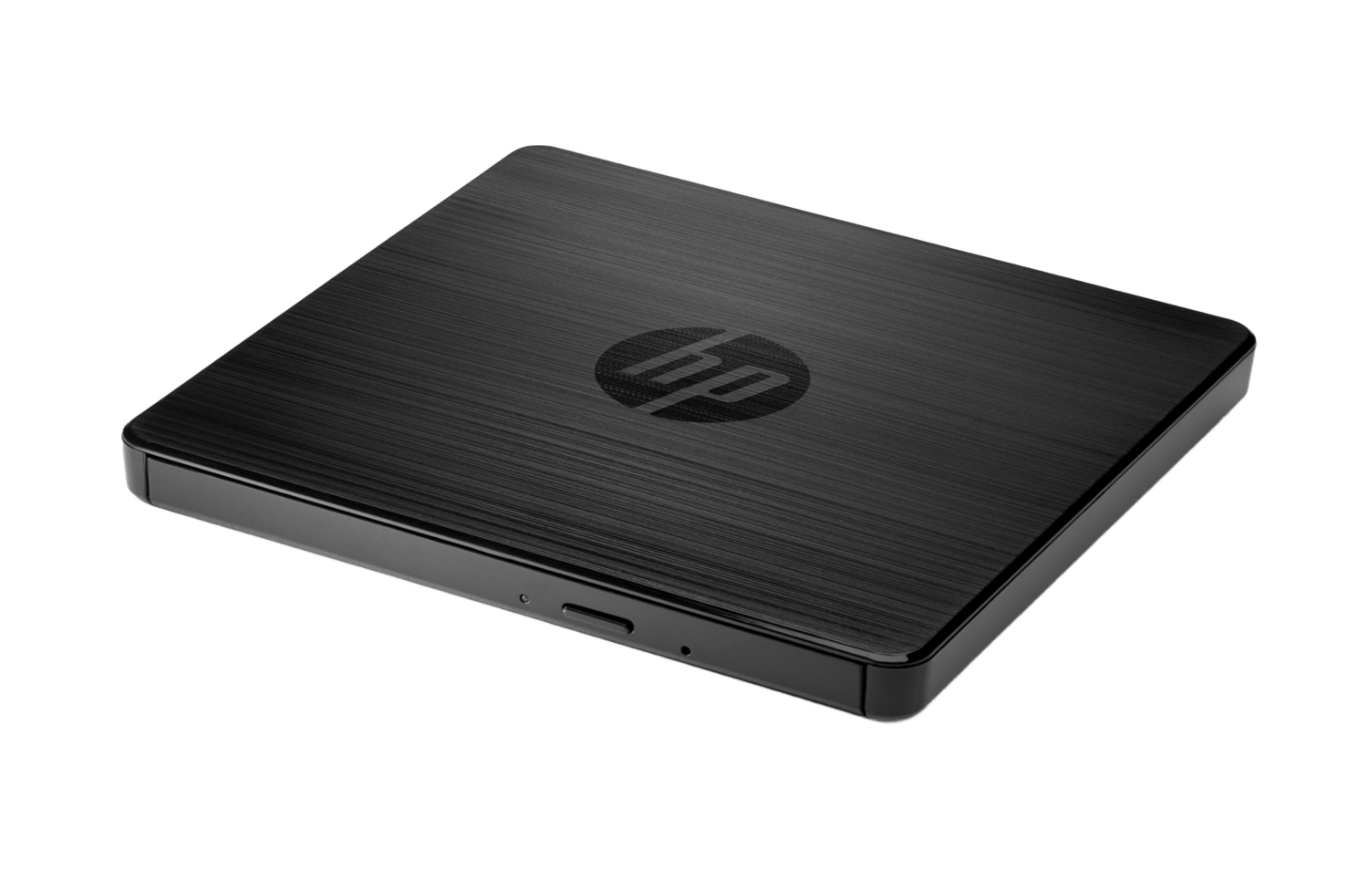 Unidad HP negra con acabado de metal cepillado y logo HP.