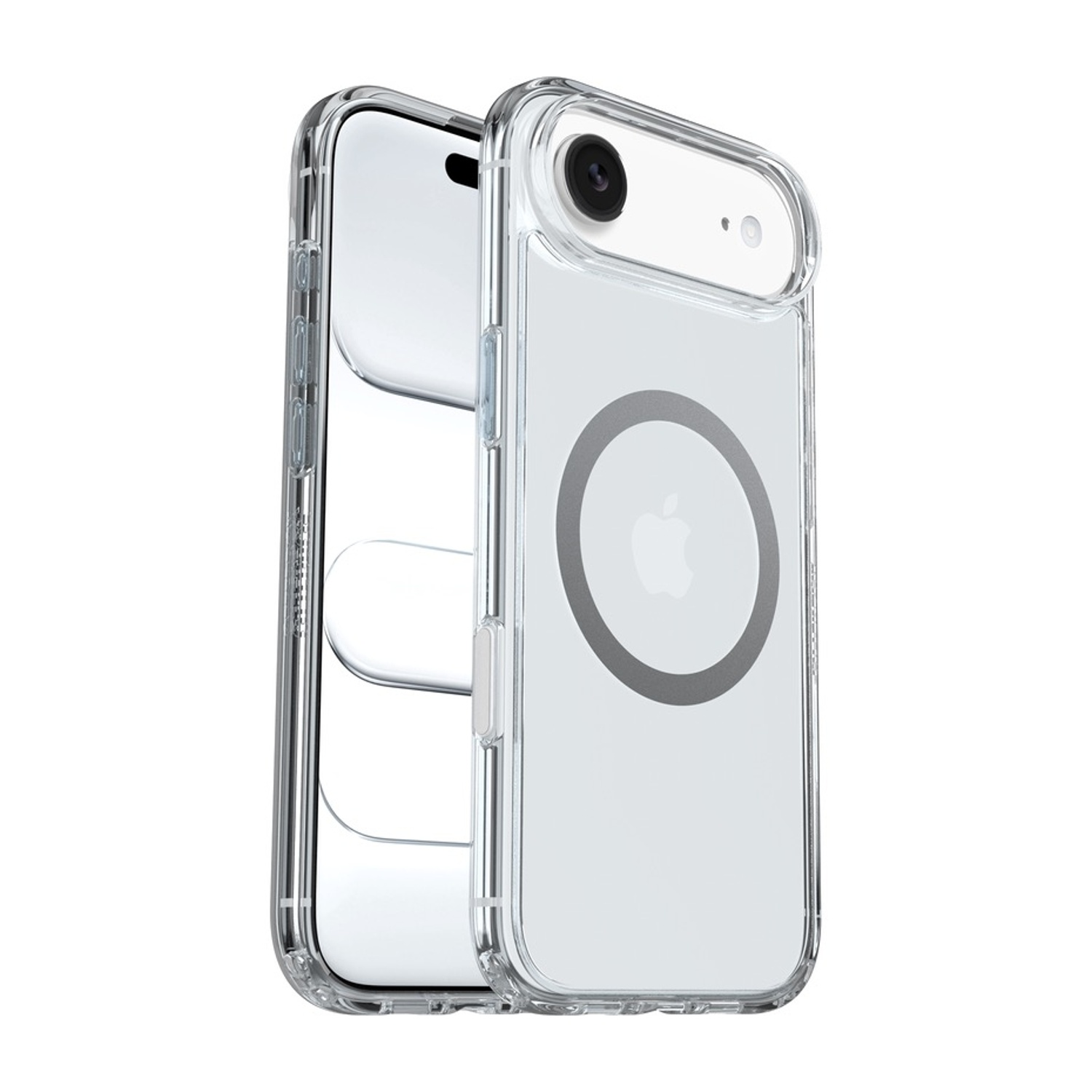 Una custodia trasparente per telefono con logo Apple e anello magnetico.
