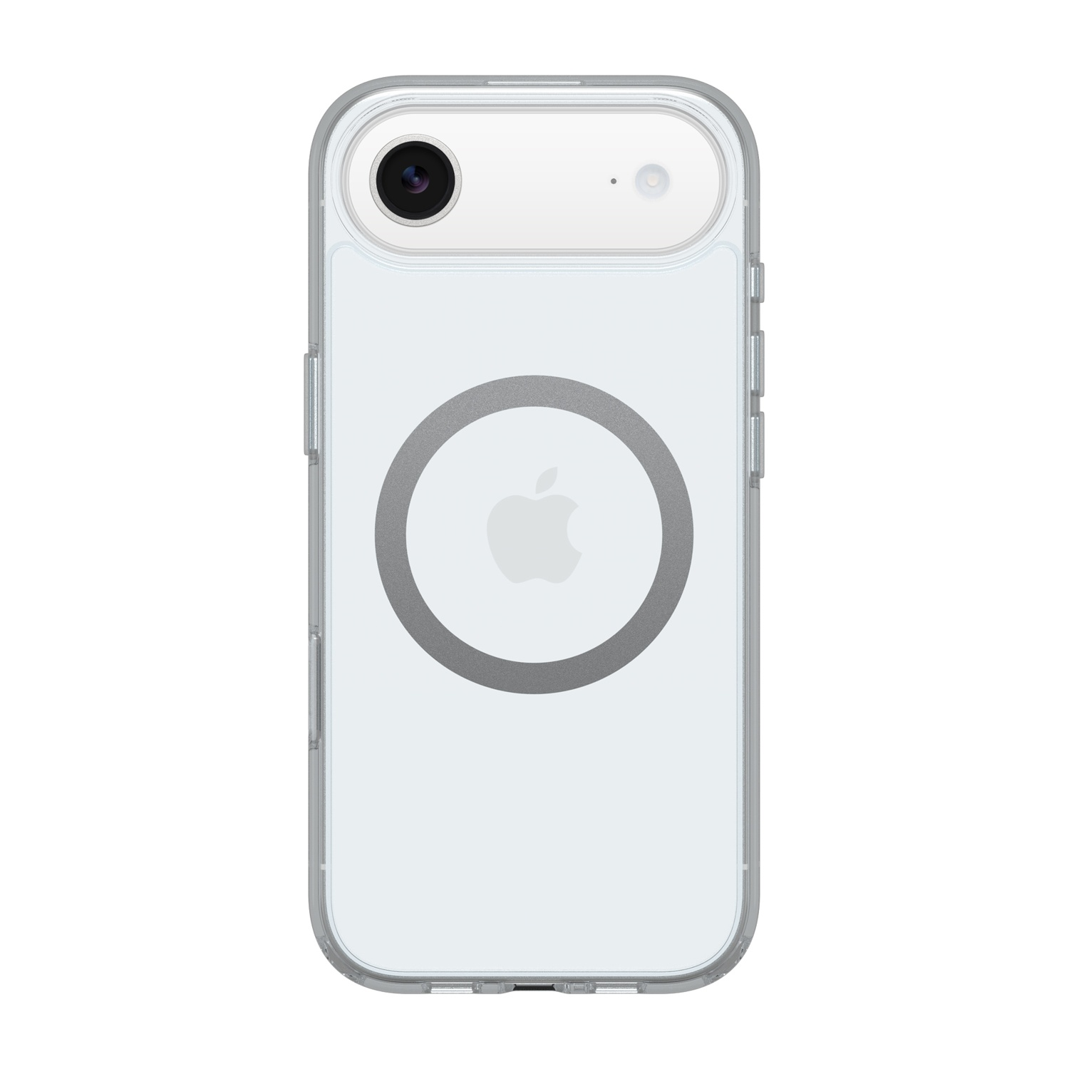 Retro di una custodia trasparente per iPhone con logo Apple.