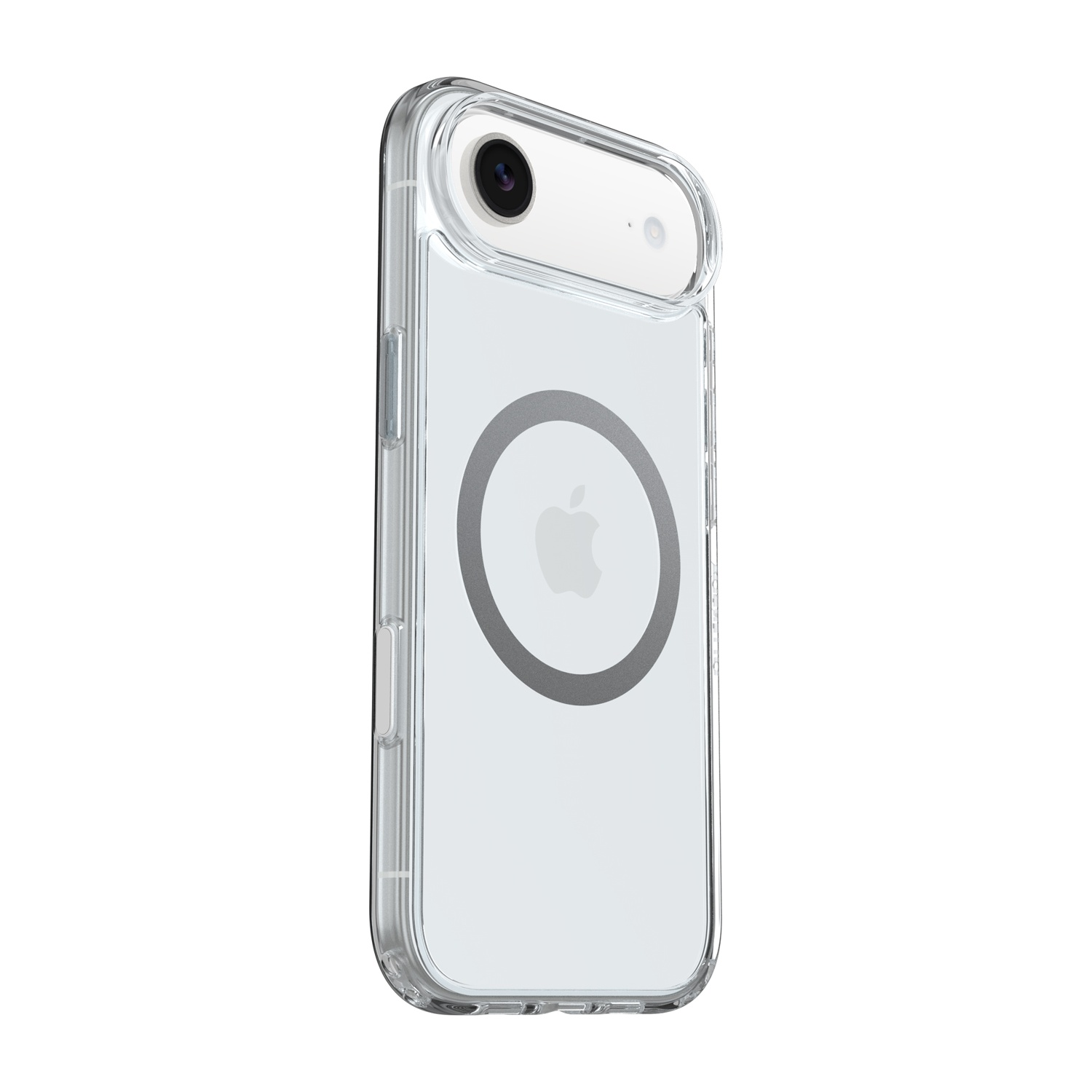 Custodia trasparente per iPhone con cerchio argento e logo Apple.