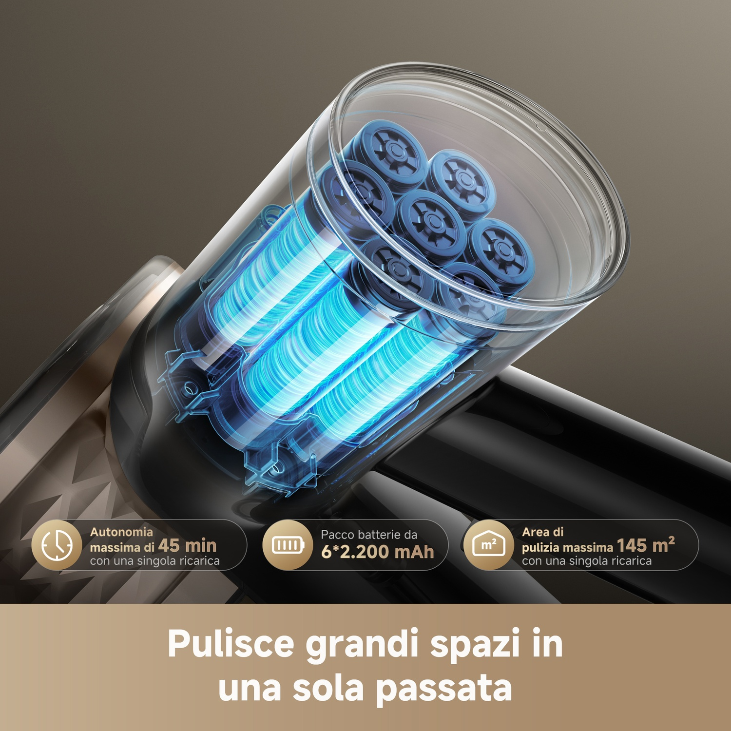 Contenitore trasparente con batterie blu, 45 min autonomia, 145 m² area pulizia.