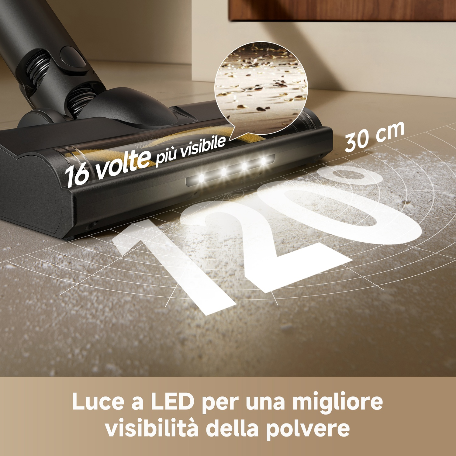 Testina aspirapolvere nera con luci LED illumina la polvere sul pavimento.