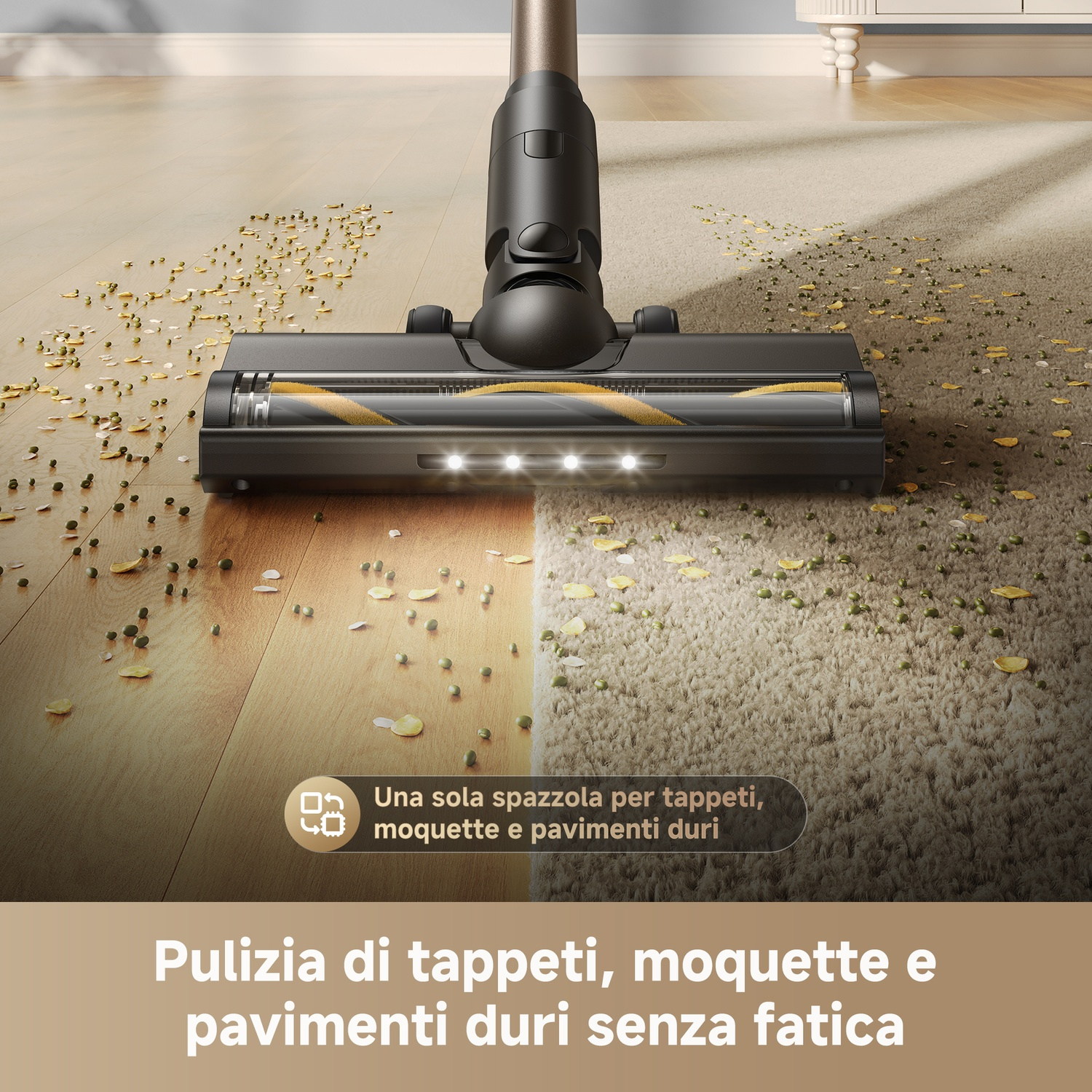 Spazzola aspirapolvere pulisce tappeti e pavimenti duri.