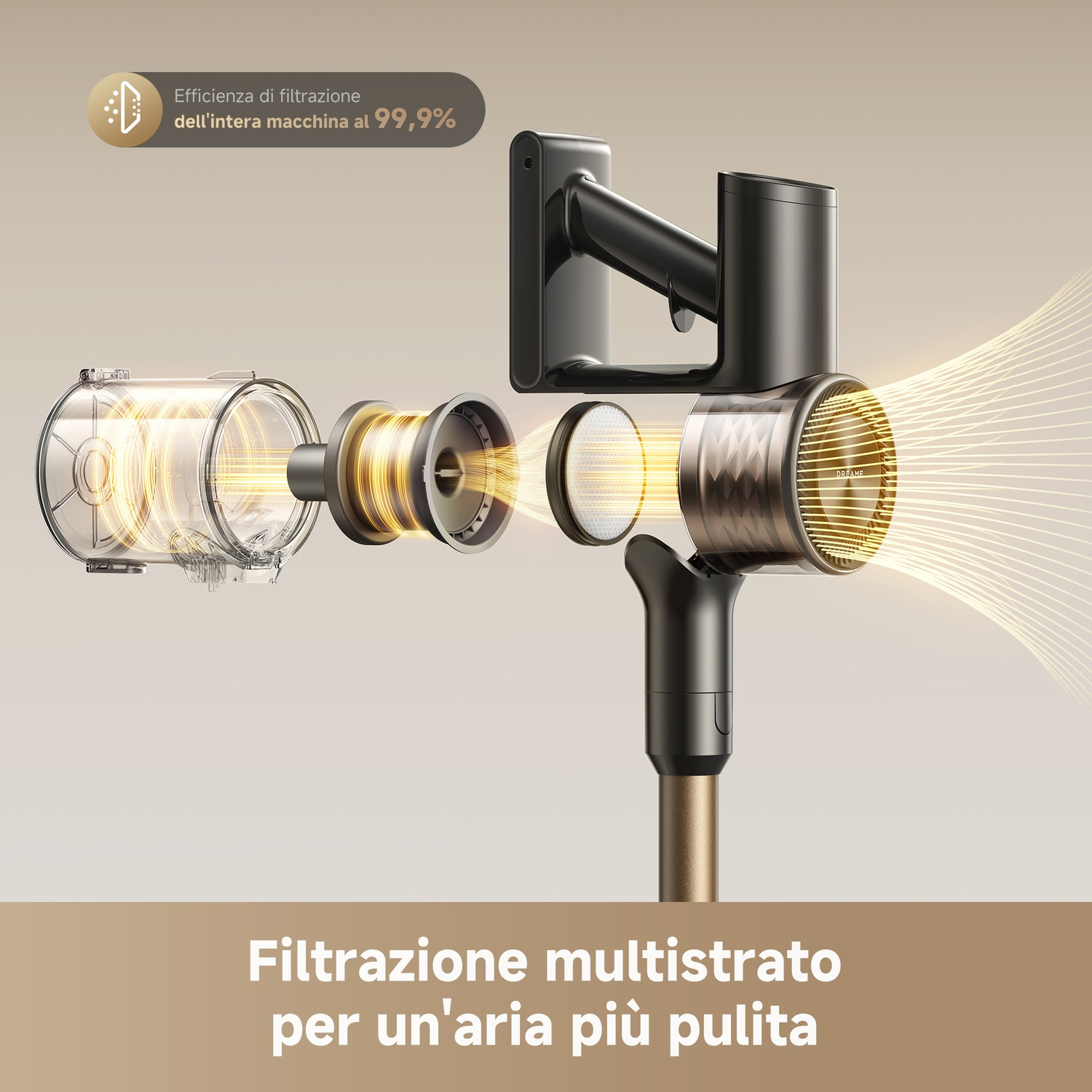 Aspirapolvere con filtrazione multistrato, efficienza 99,9%.