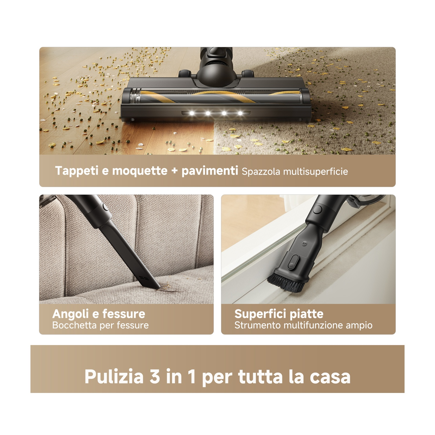 Aspirapolvere pulisce tappeti, pavimenti, angoli e superfici piane.