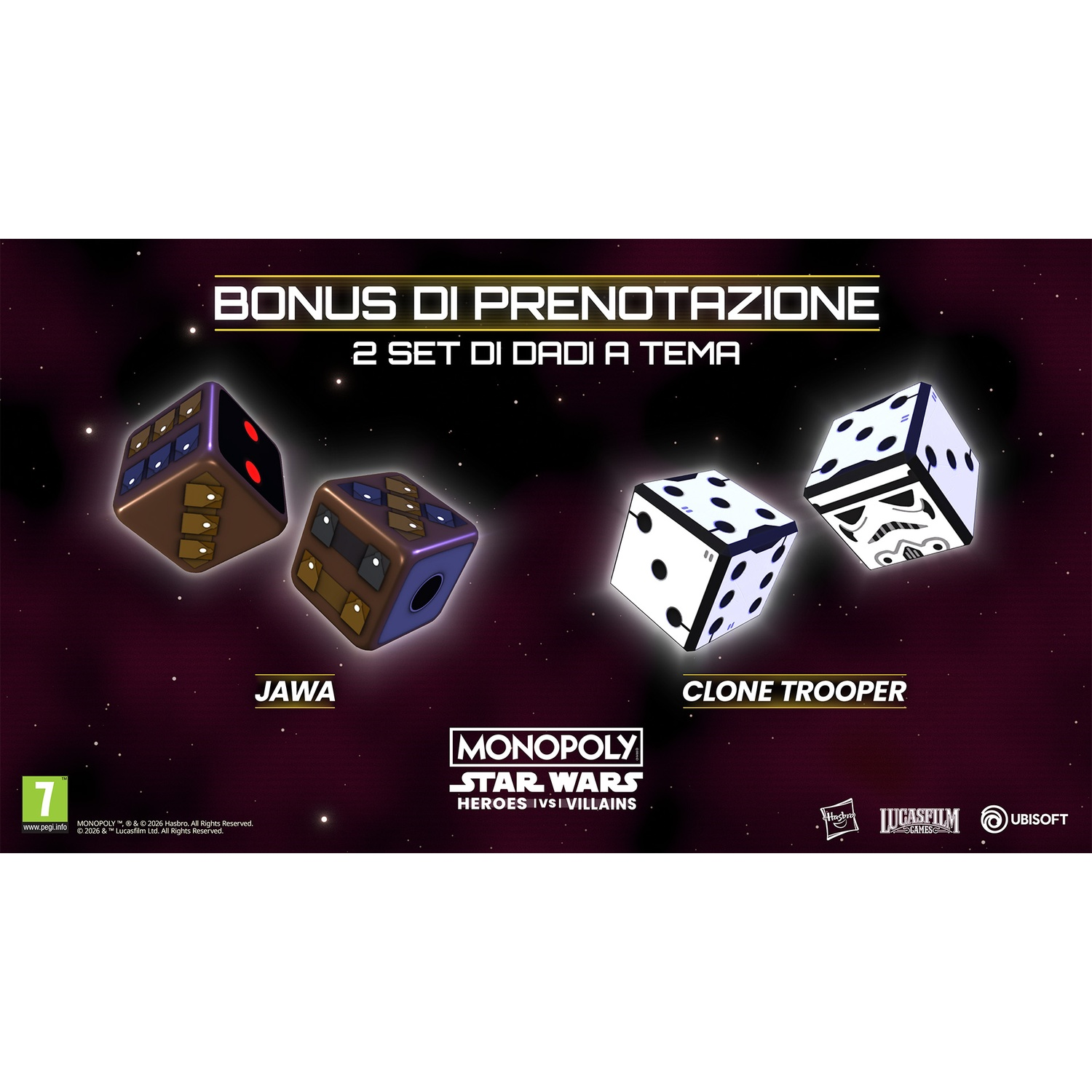Due set di dadi: Jawa e Clone Trooper su sfondo stellato.