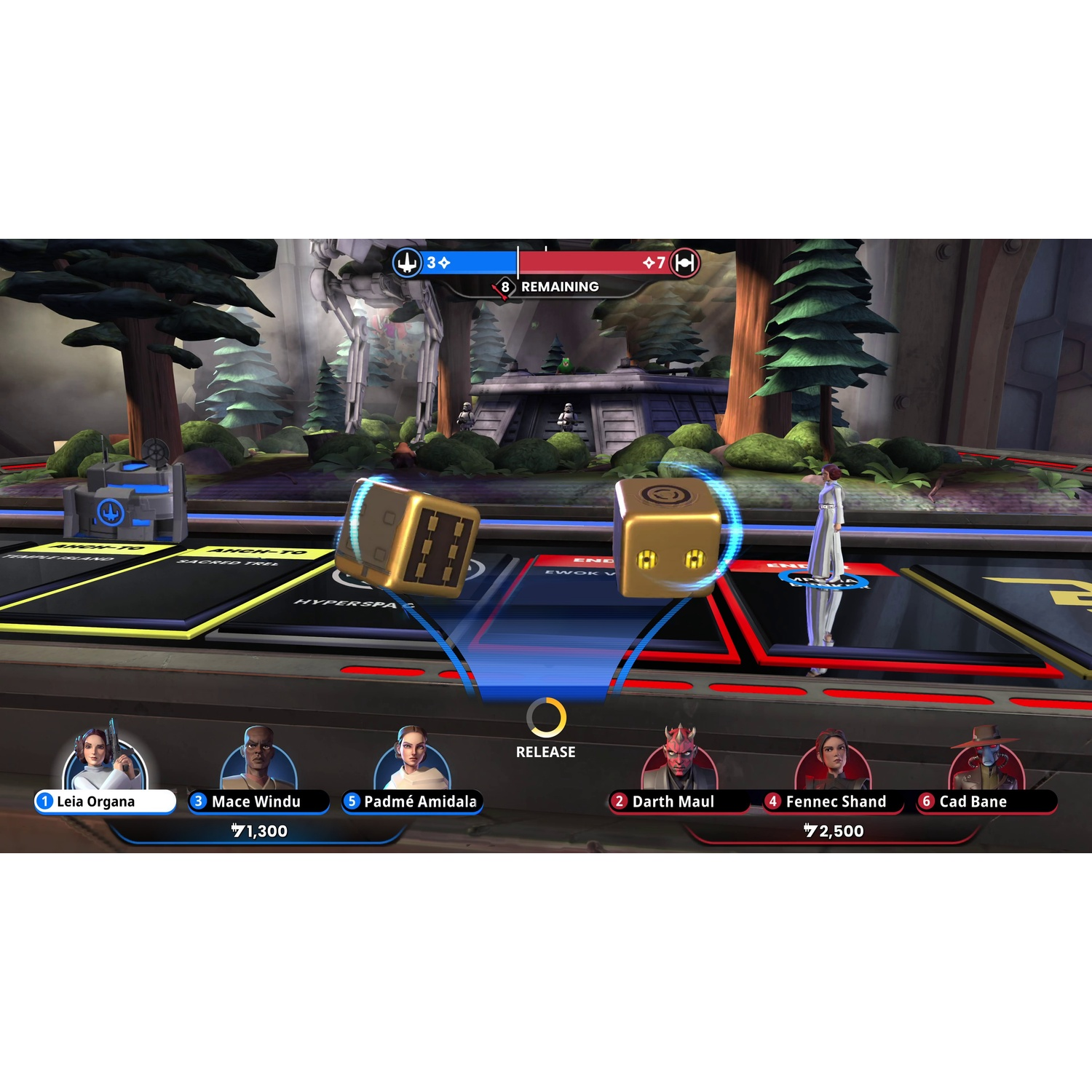 Gioco da tavolo di Star Wars con personaggi, dadi e tabellone.