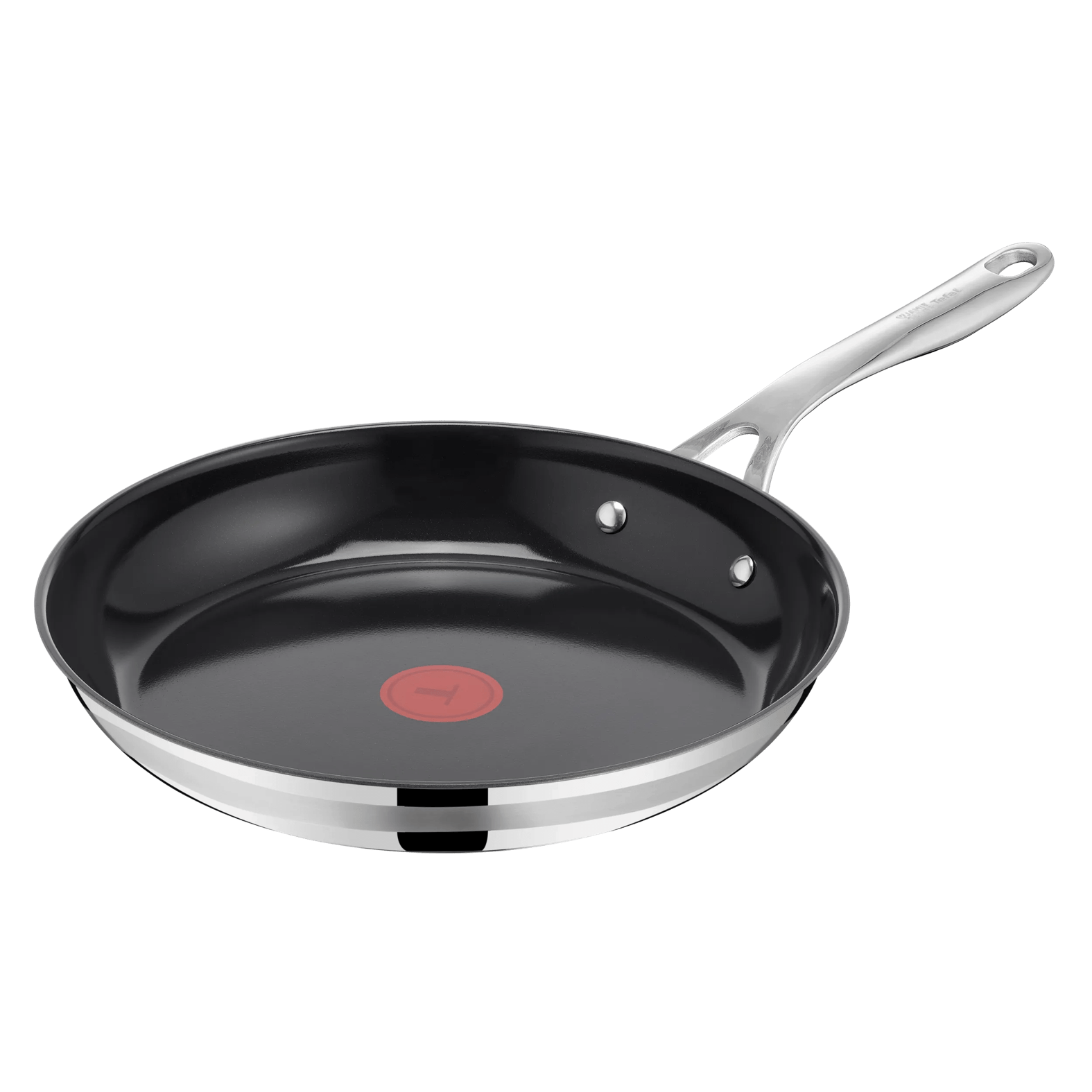 Eine schwarze Pfanne mit einem roten Thermosignal und einem silbernen Griff.