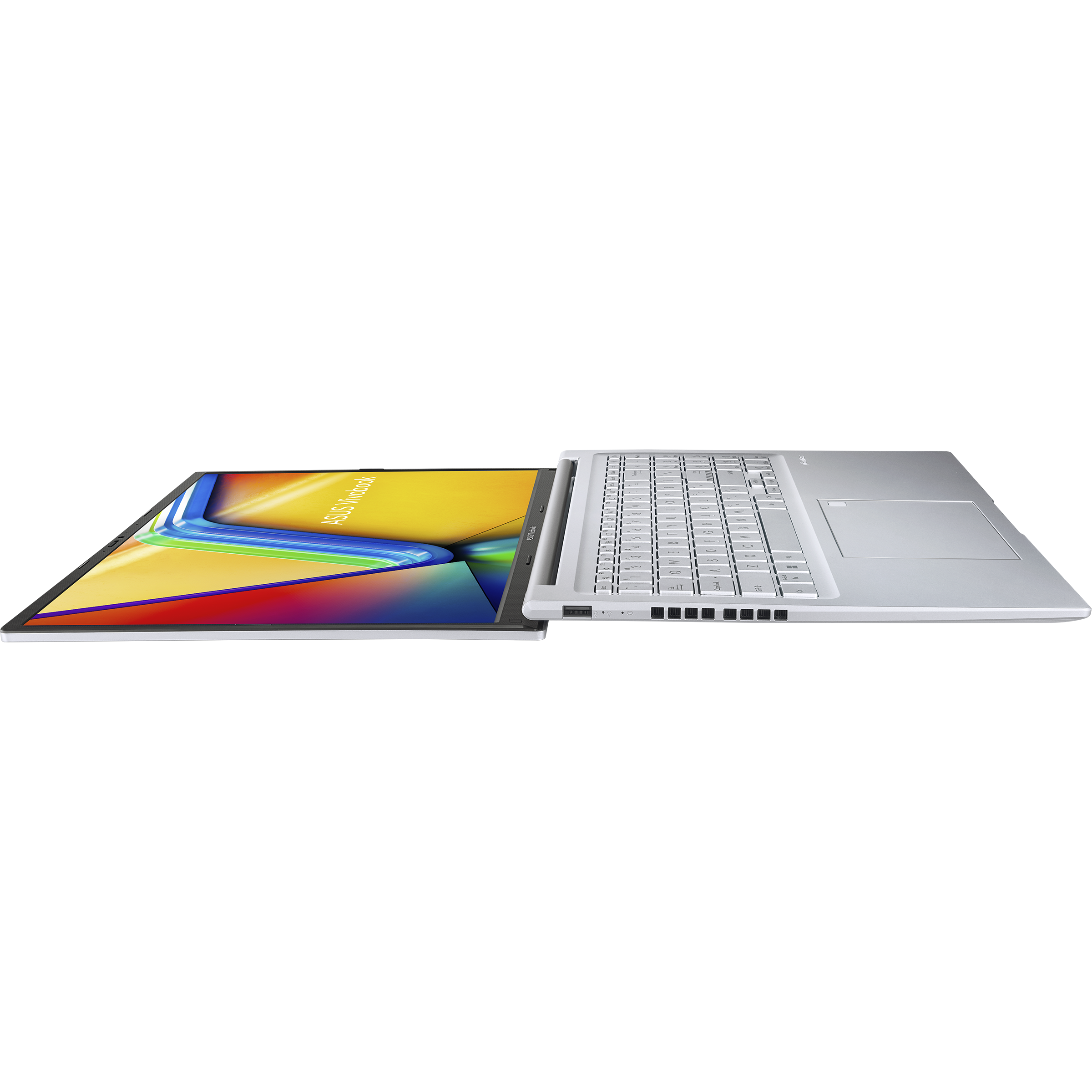 Silberner Laptop, geöffnet, mit farbigem Hintergrund auf dem Bildschirm.