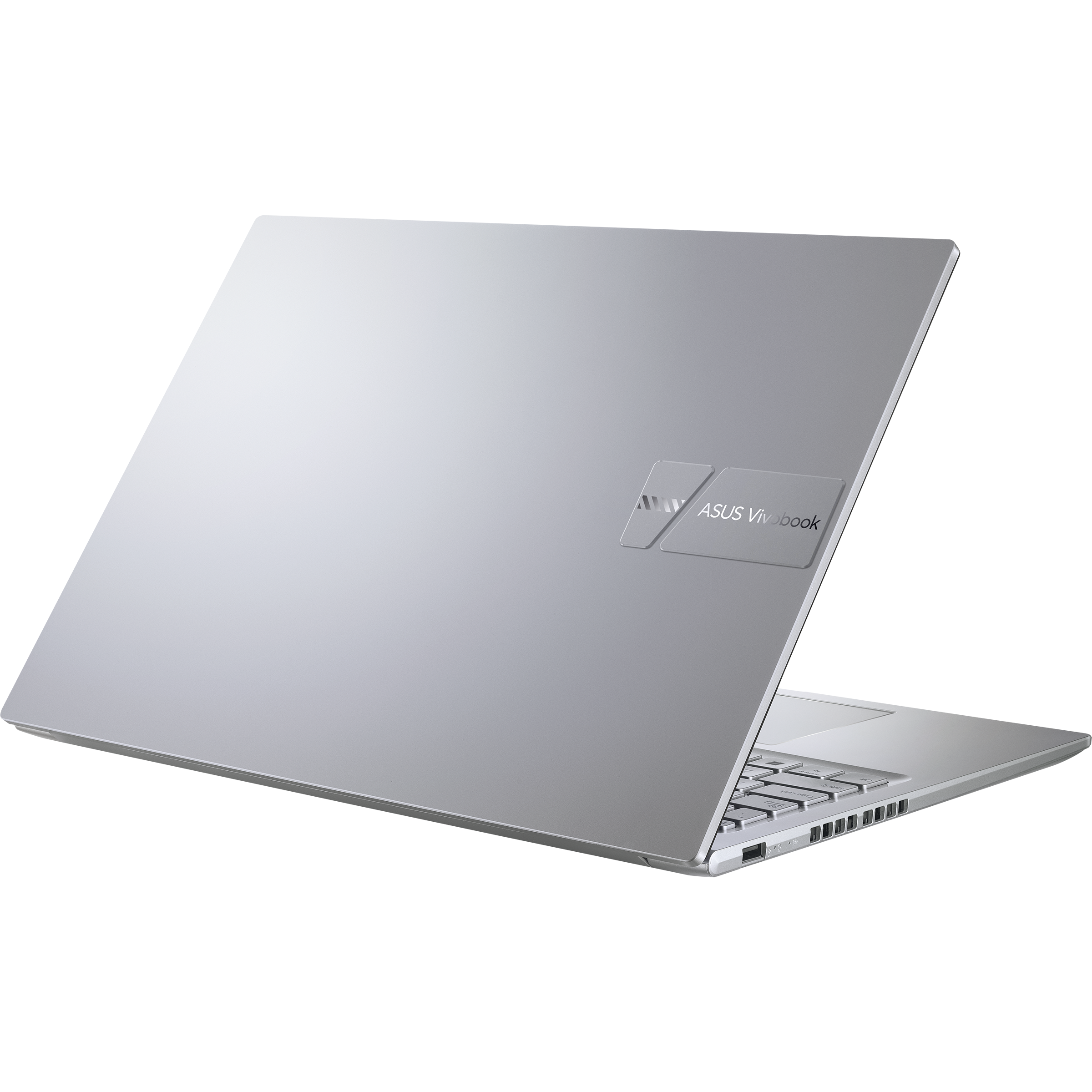 Ein silberner Laptop mit geöffnetem Bildschirm und Tastatur auf schwarzem Hintergrund.