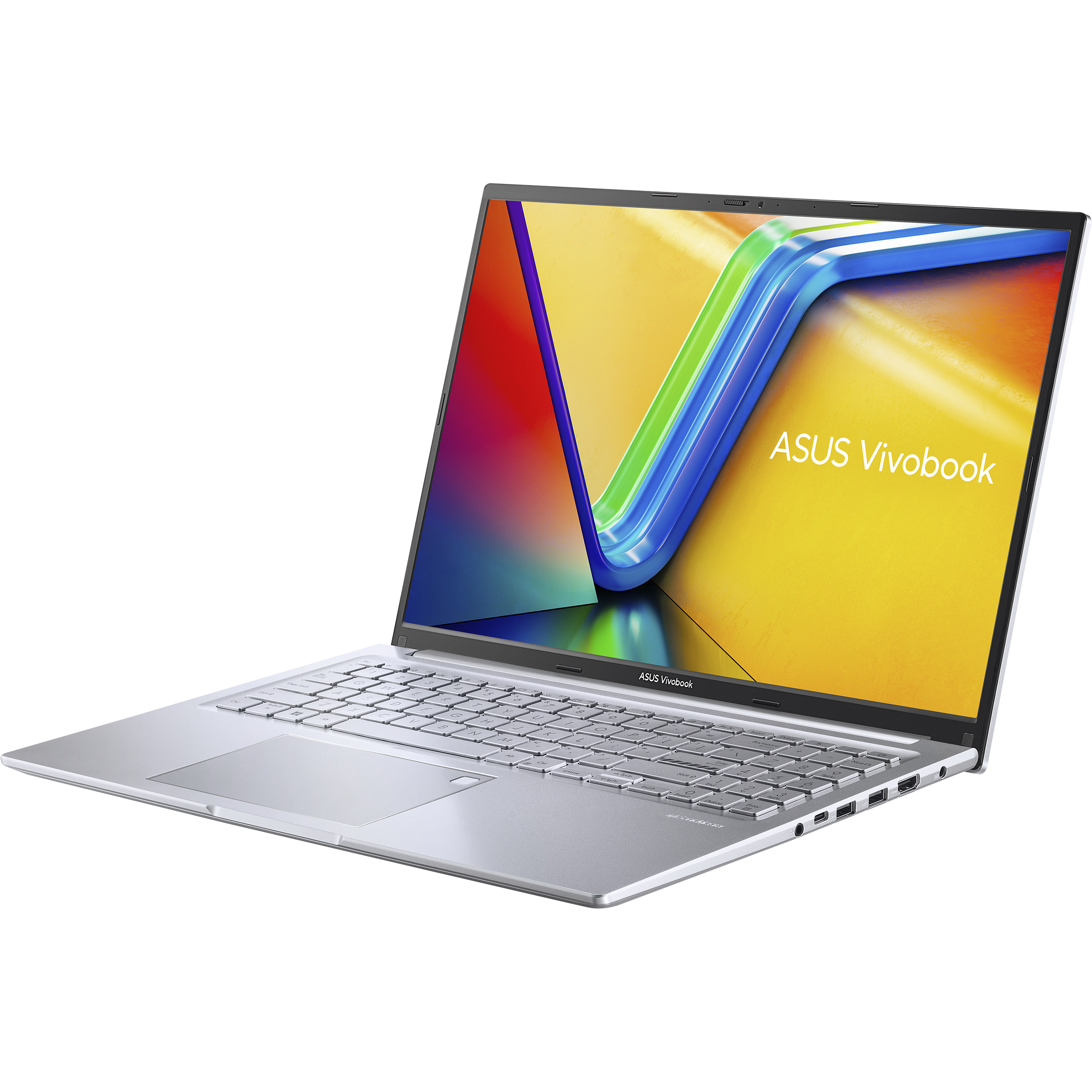 Ein silberner Laptop mit leuchtendem Bildschirm, der bunte Streifen zeigt.