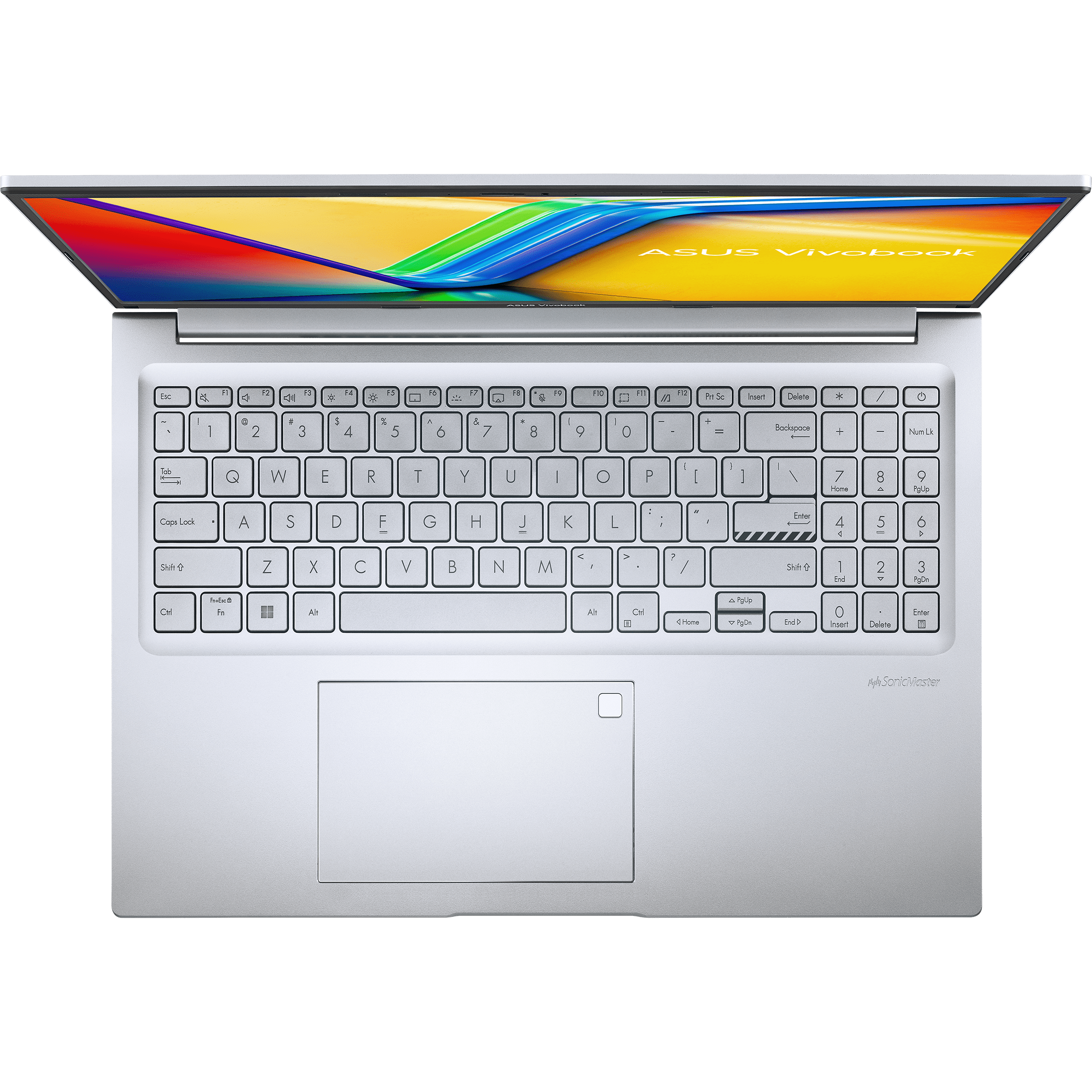 Ein offener silberner Laptop mit einem farbenfrohen Hintergrundbild auf dem Bildschirm.