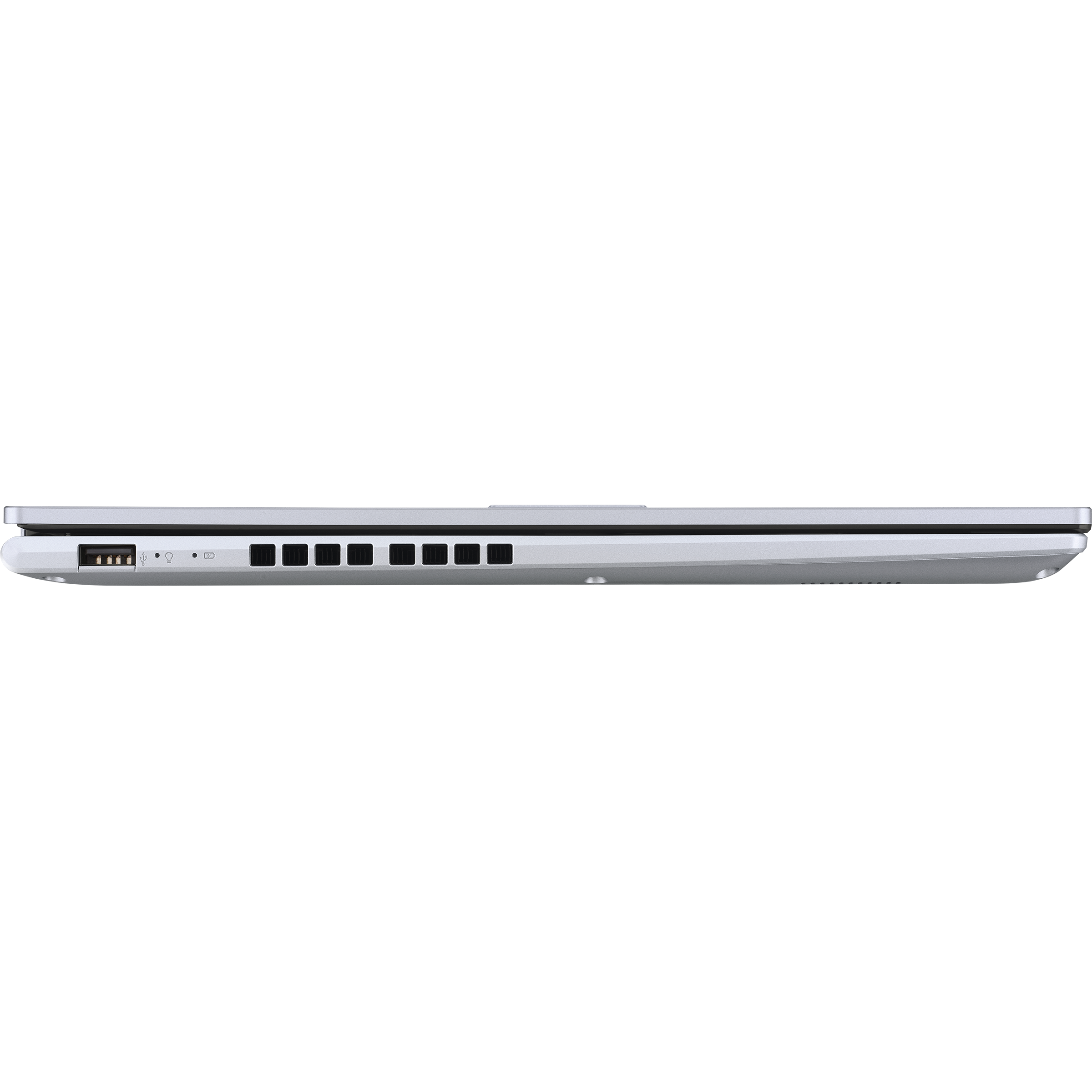 Detailansicht der linken Seite eines silbernen Laptops mit Anschlüssen.