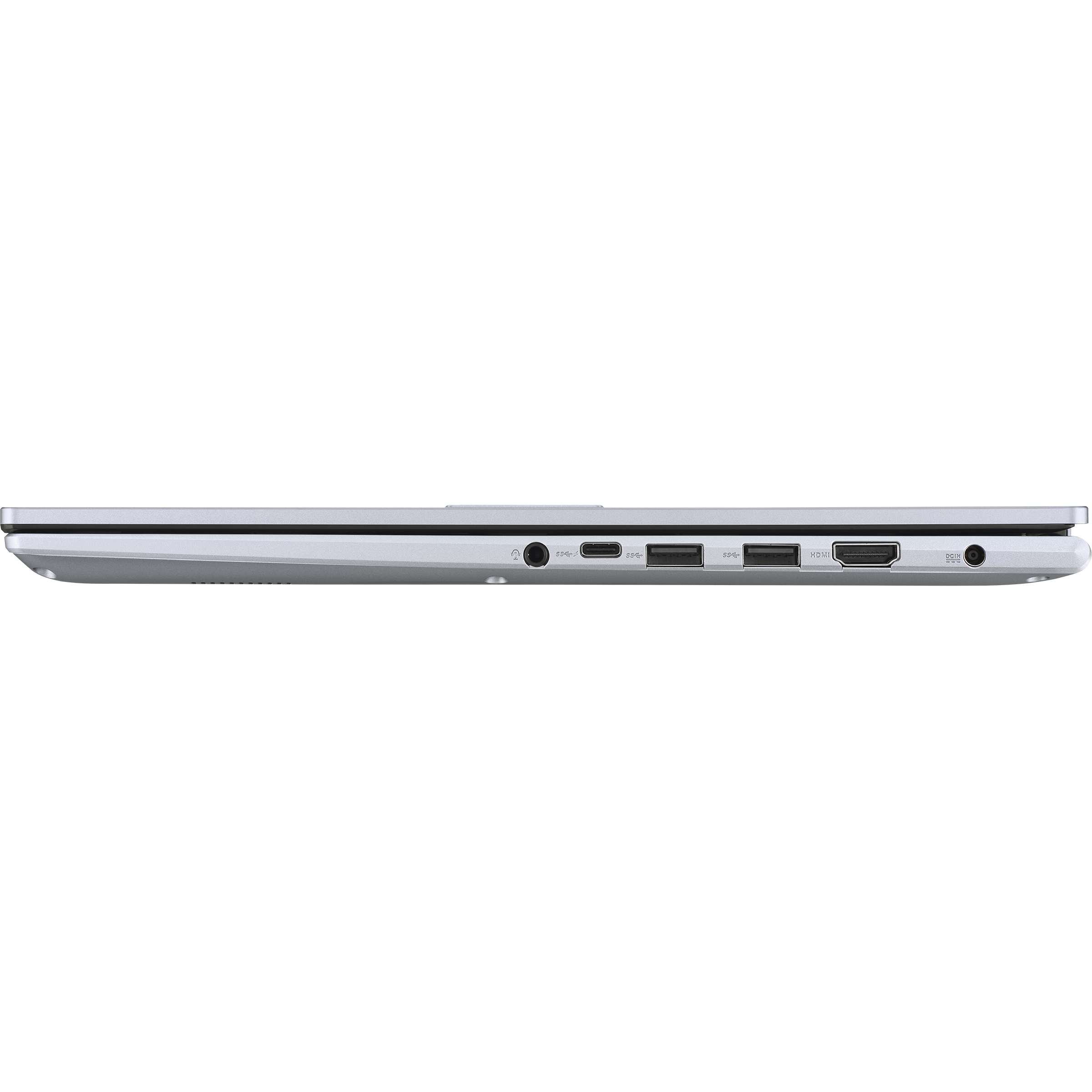 Silberner Laptop-Rand mit Anschlüssen: Audio, USB, HDMI, Strom.