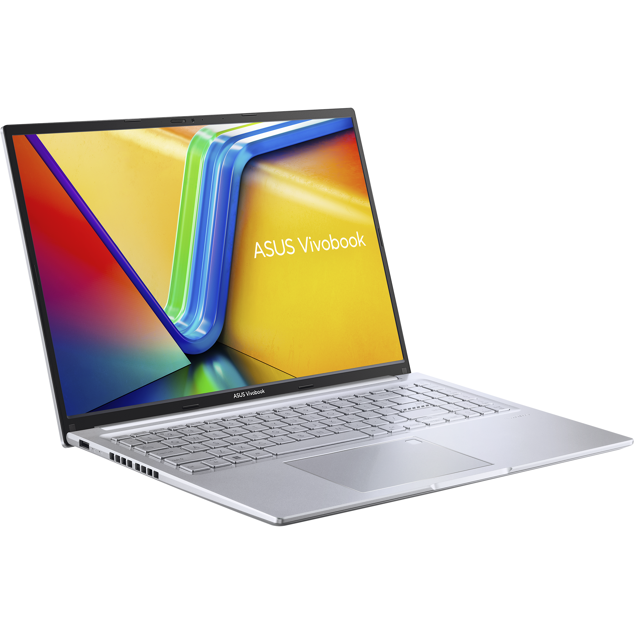 Silberner Asus Vivobook Laptop, geöffnet, mit buntem Hintergrundbild.