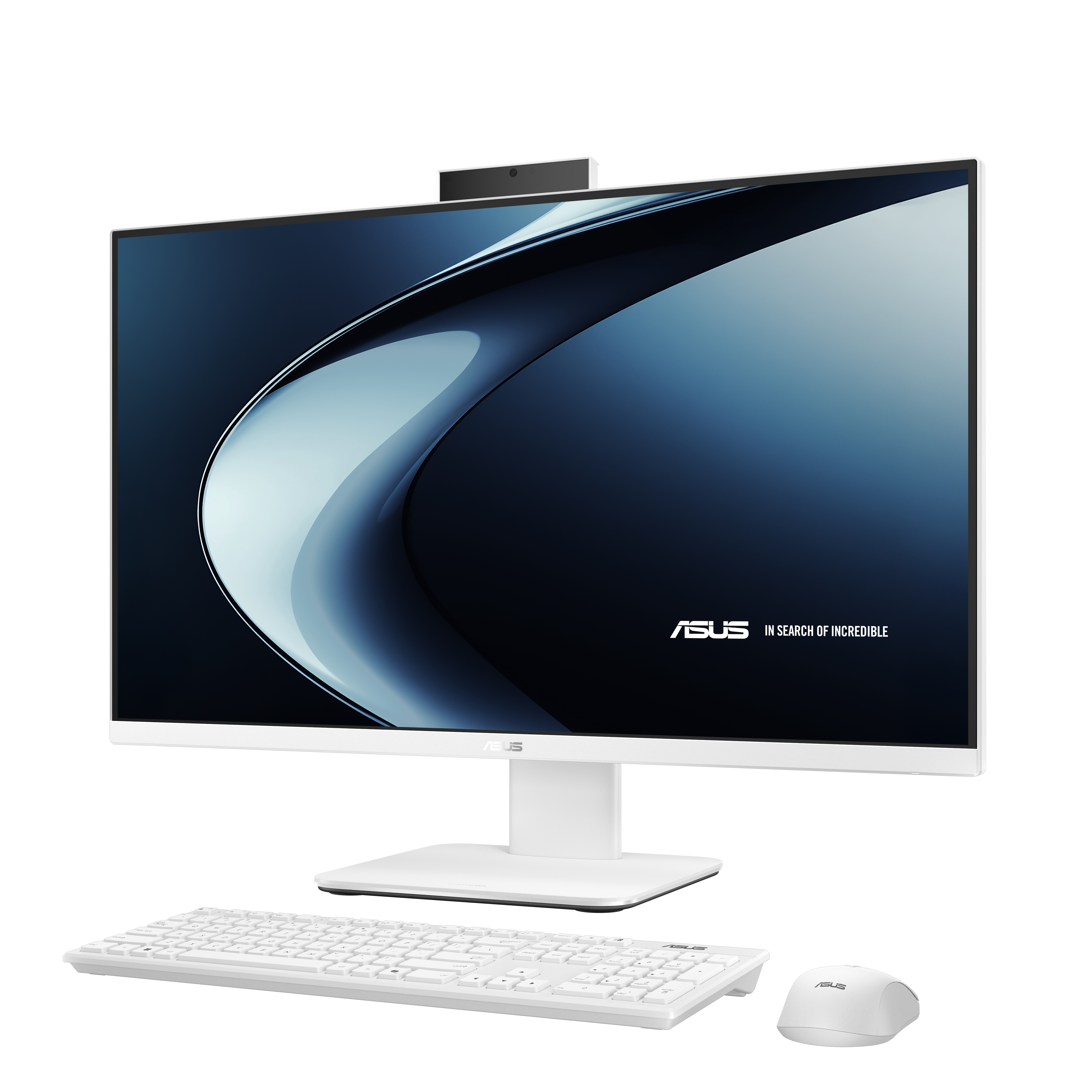 Beyaz arka plan üzerinde klavyeli ve fareli beyaz Asus hepsi bir arada bilgisayar.