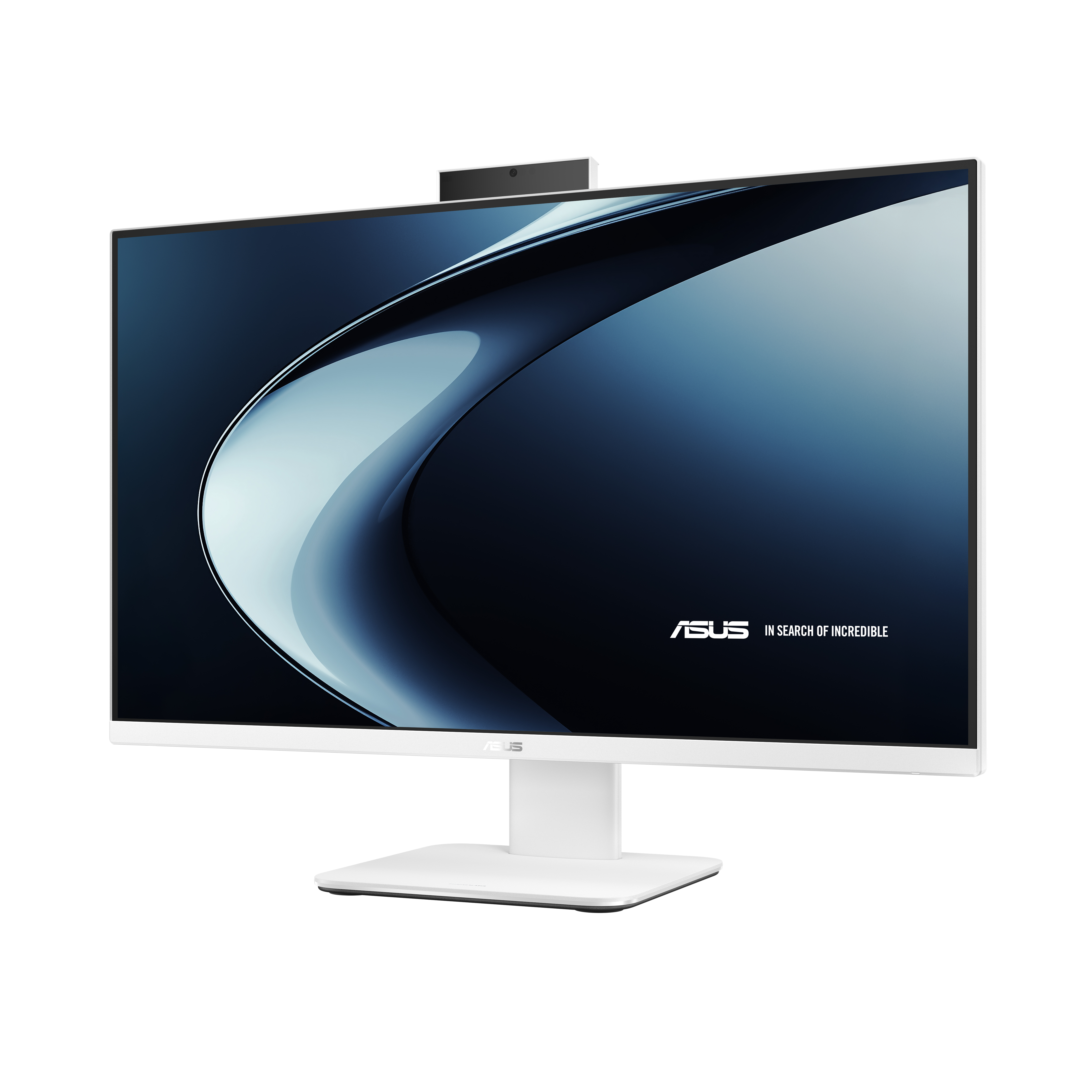 Üstte web kamerası olan beyaz Asus monitör, ekranda soyut mavi tasarım.