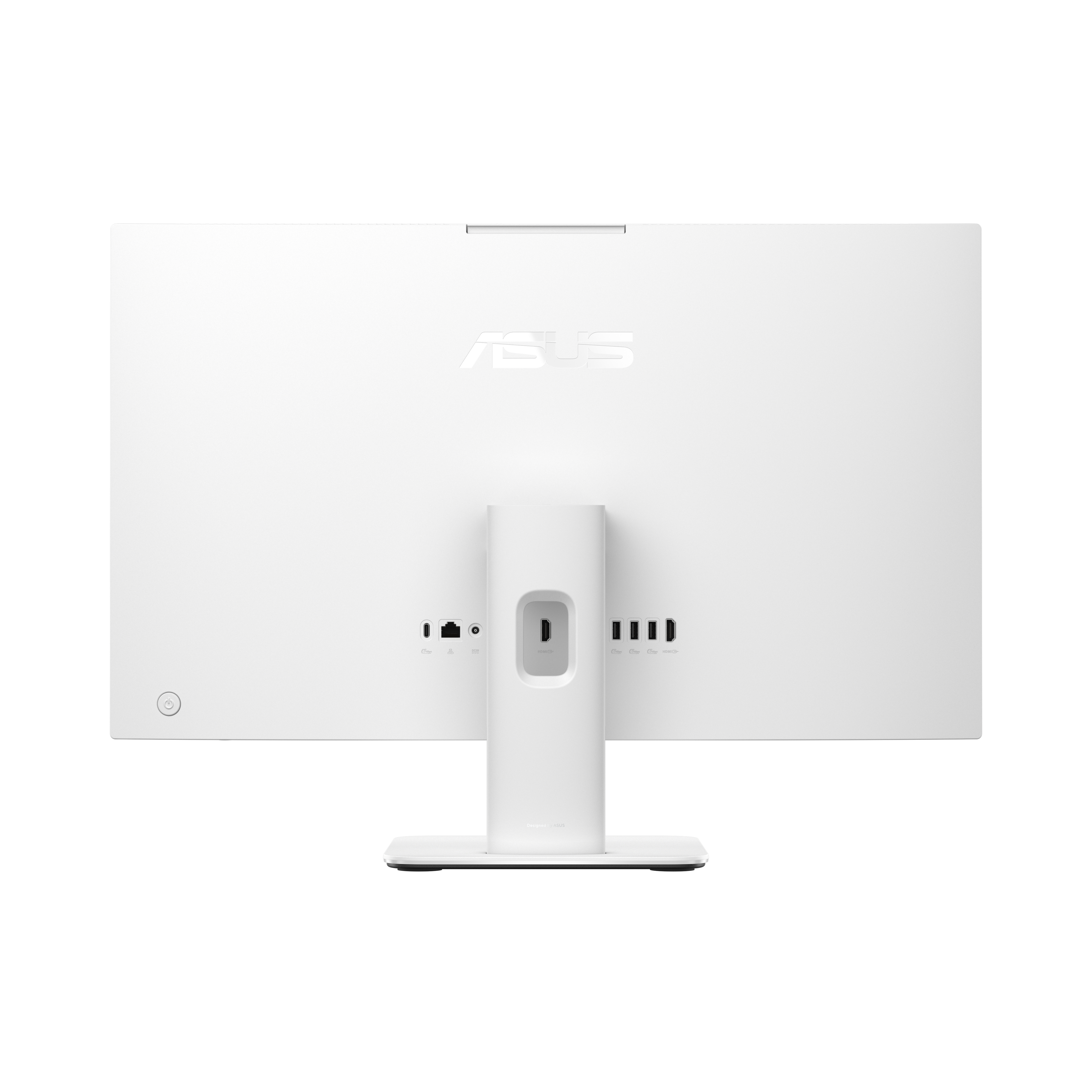 ASUS logosunu gösteren, portları ve ayağı olan beyaz ASUS monitörün arkası.