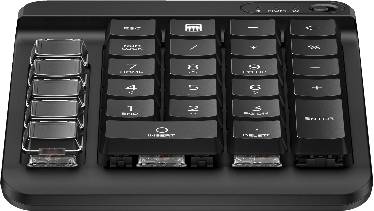 Teclado numérico negro con ESC, Bloq Num y teclas de función.