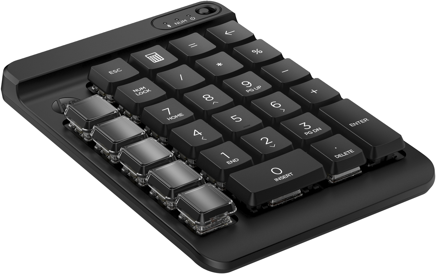 Un teclado numérico mecánico negro con interruptores transparentes.