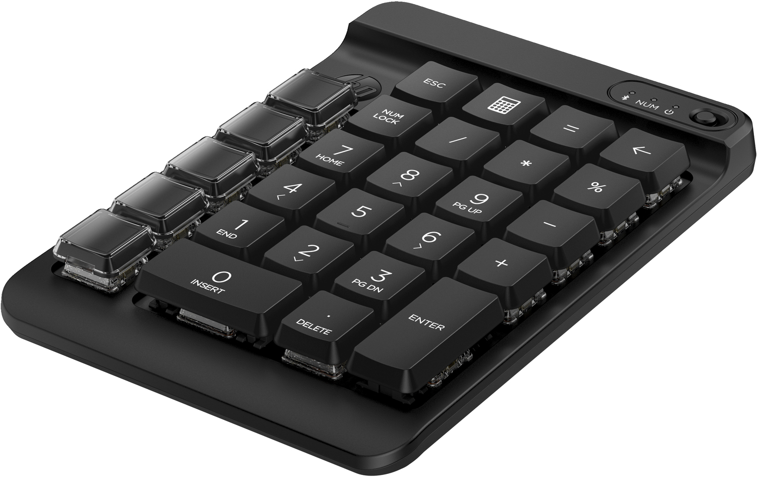 Teclado negro con teclas transparentes y números.