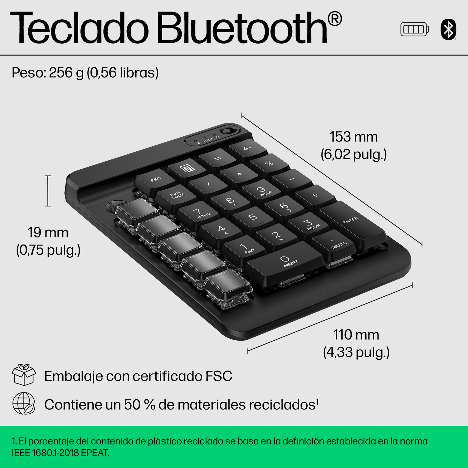 Teclado Bluetooth negro con teclado numérico, se muestran dimensiones y peso.
